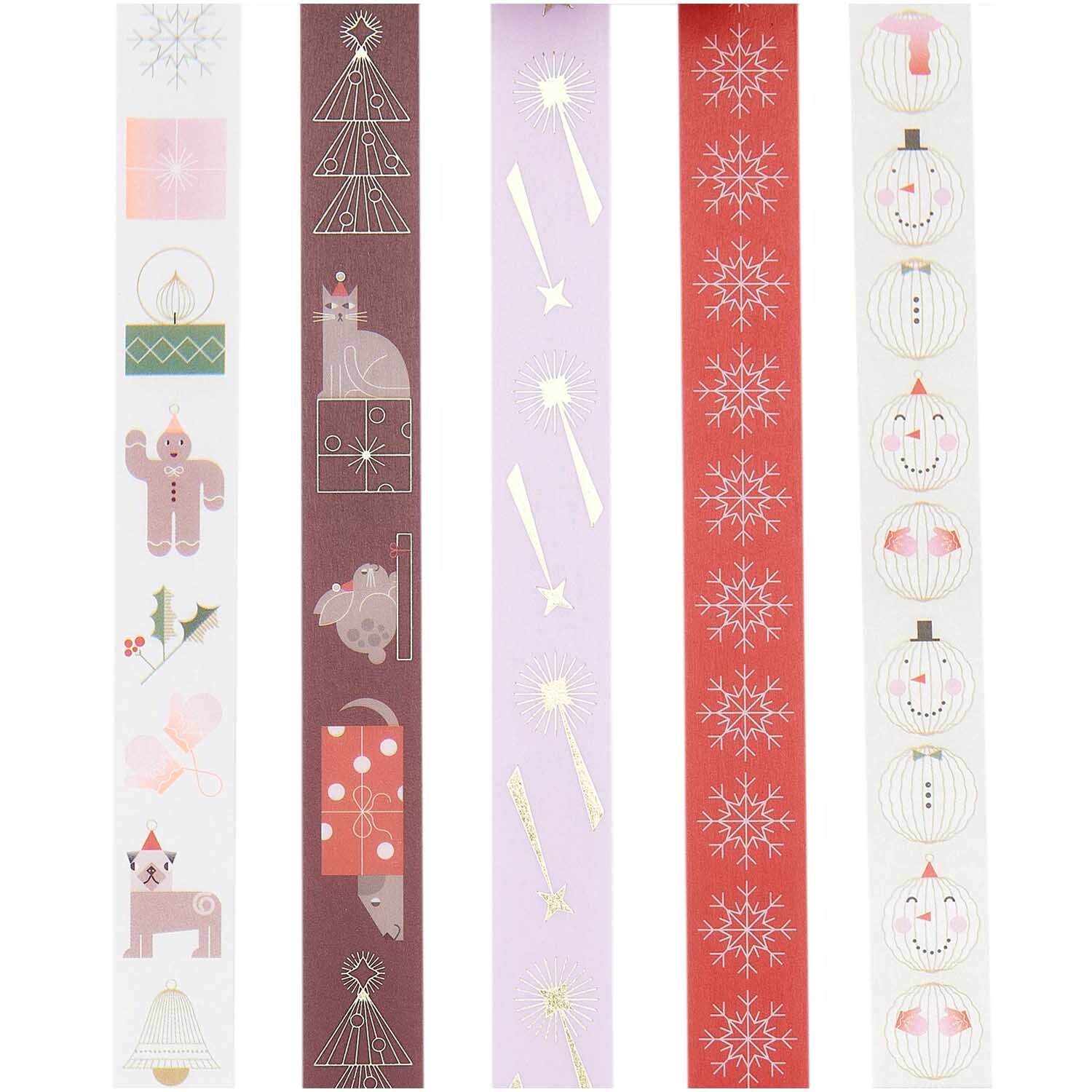 Paper Poetry Tape Set Christmas Figuren, 5-teilig, mit festlichen Motiven in Rot, Lila und Weiß. Ideal für kreative Weihnachtsdekorationen.