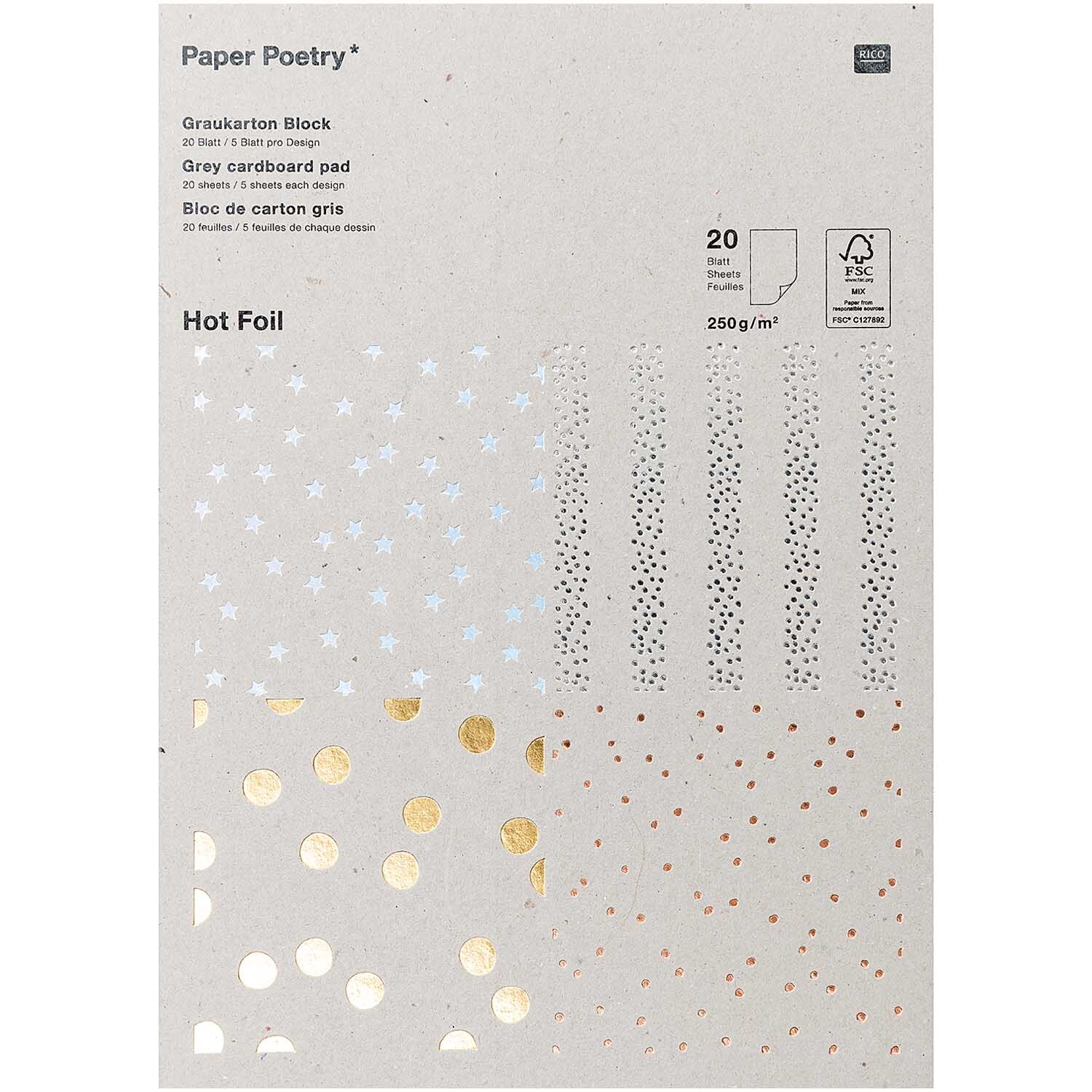 Paper Poetry Graukarton Block mit Hot Foil, 20 Blatt, 250g/m², zeigt glänzende Muster auf grauem Karton. Ideal für kreative Projekte.