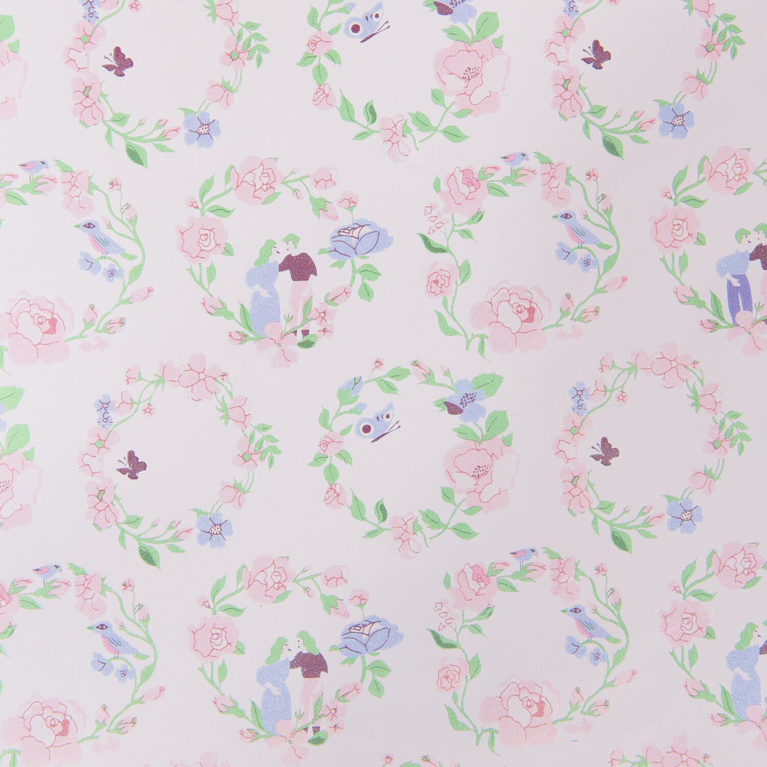 Geschenkpapier Rosen Kränze mit floralen Mustern in Pastellfarben, 200x70cm, 80g/m². Ideal für stilvolle Verpackungen.