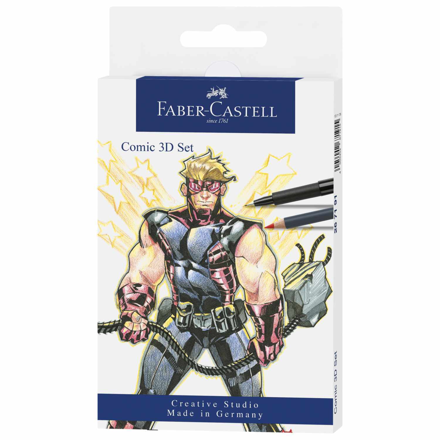 Pitt Artist Pen Comic Tuschestift-Set von Faber Castell, 11-teilig, mit Comic-Helden-Design auf der Verpackung.