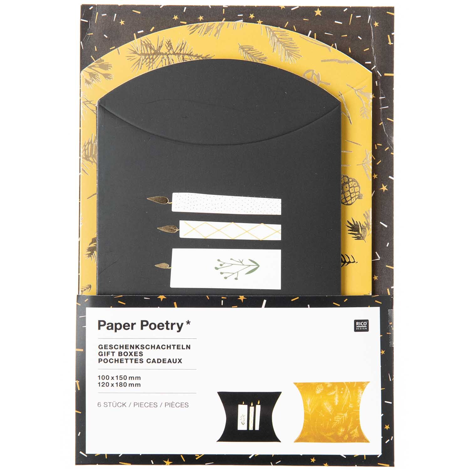 Paper Poetry Geschenkschachteln Nostalgic Christmas in senfgelb und schwarz, 6 Stück, von Rico Design, mit festlichem Design und dekorativen Mustern.
