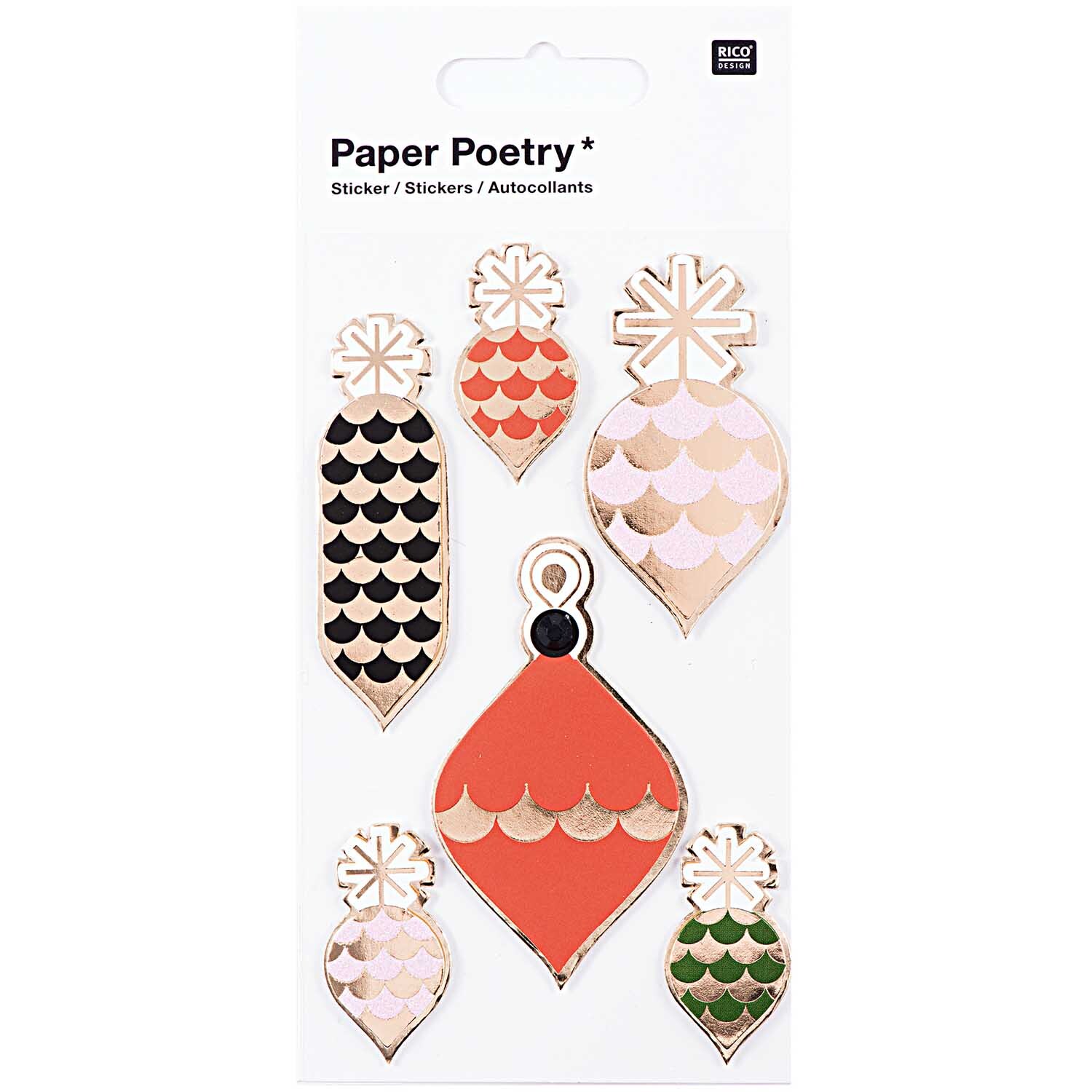 Paper Poetry 3D Sticker Baumschmuck Hot Foil zeigt festliche Ornamente in Rot, Gold und Schwarz von Rico Design. Ideal für kreative Dekorationen.