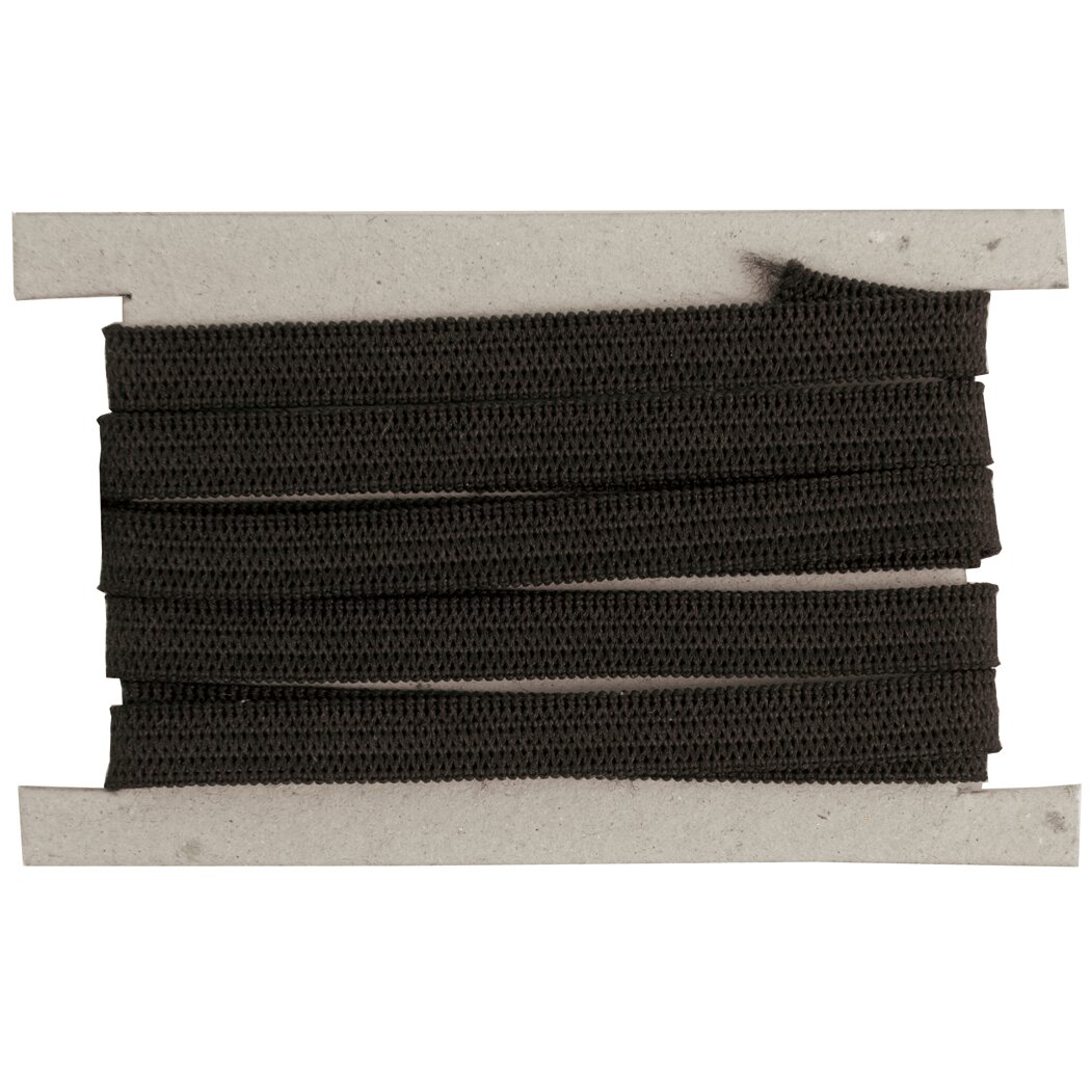 Gummiband schwarz 3m von Rico Design, dicht gewickelt auf rechteckiger, heller Kartonspule, ideal als elastisches Nähzubehör für Kleidung und Accessoires