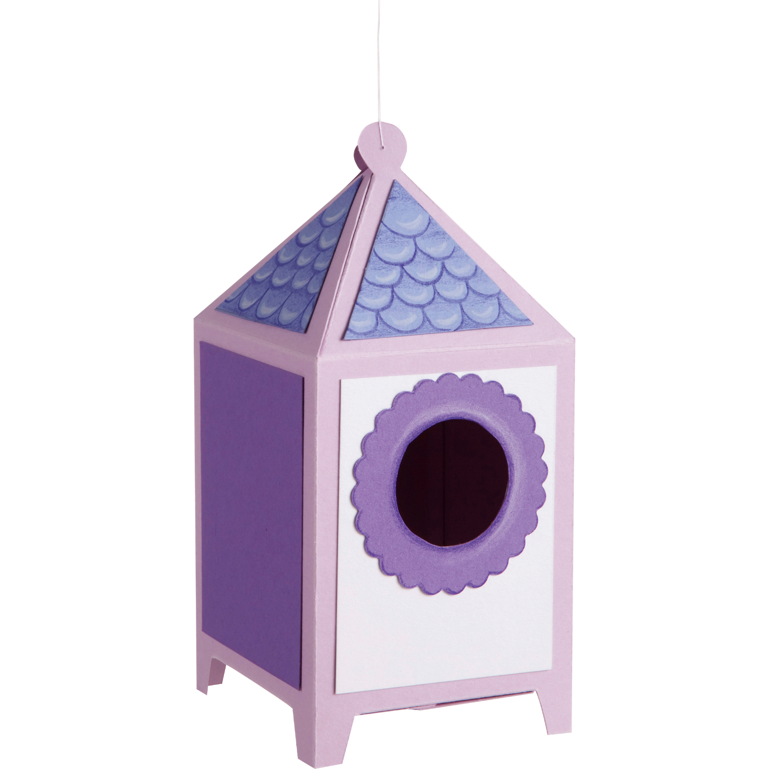Folia Fotokartonblock: Lila und weißes Vogelhaus mit blauem Dach, ideal für kreative Bastelprojekte.