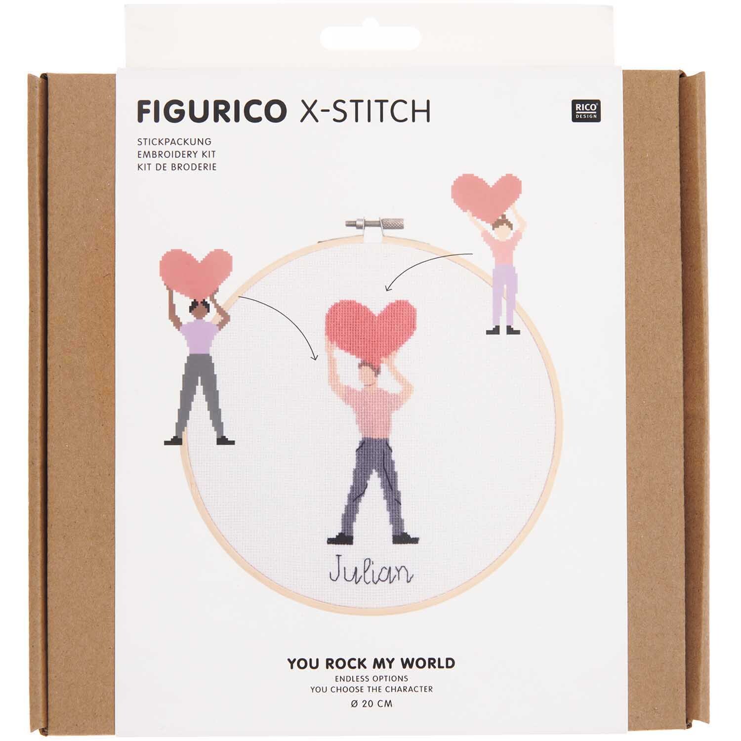 Figurico Stickpackung You Rock My World 20cm zeigt drei Figuren mit roten Herzen auf weißem Hintergrund.