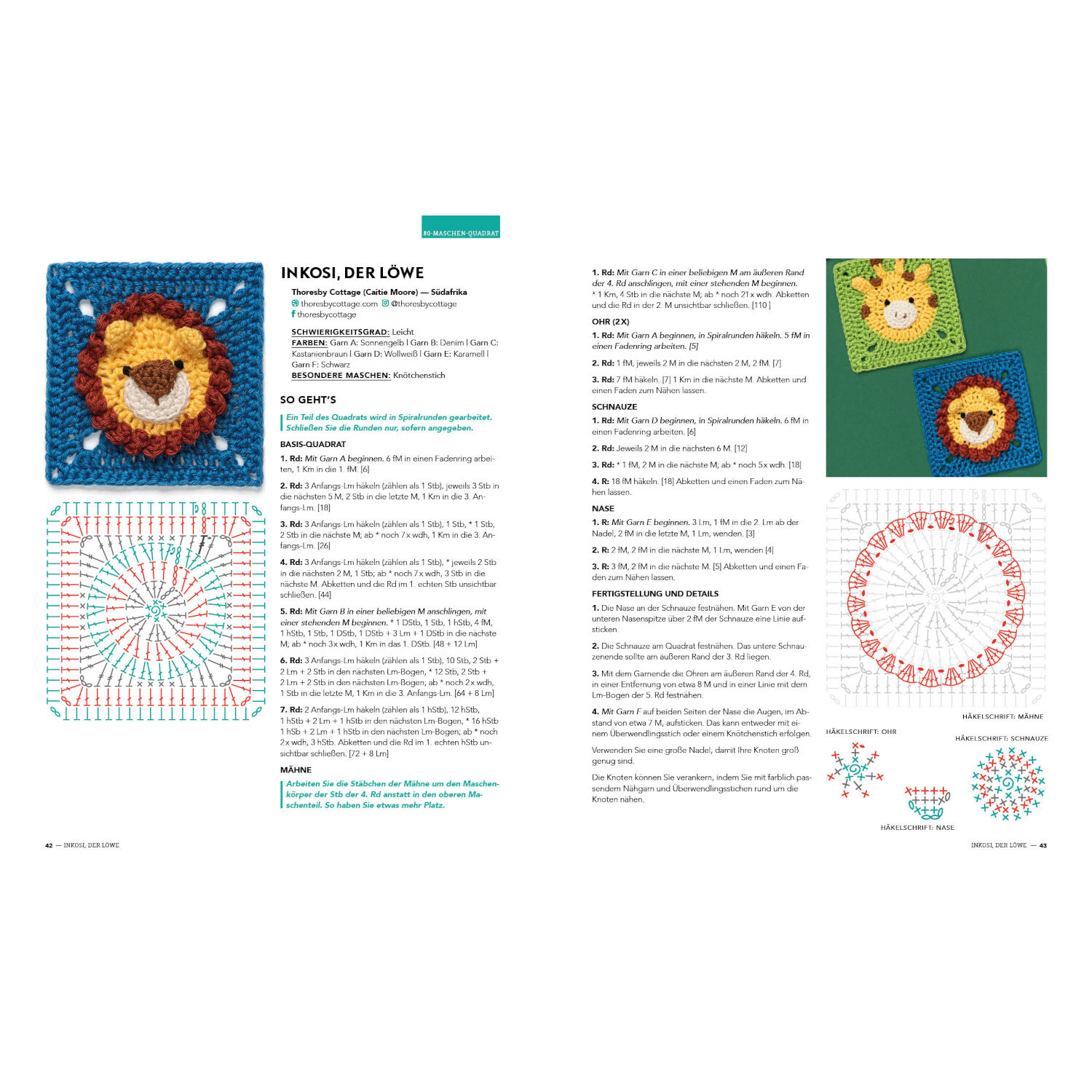 Musterbibel Granny Squares: Detaillierte Häkelanleitung mit bunten Löwenmotiven und Diagrammen.