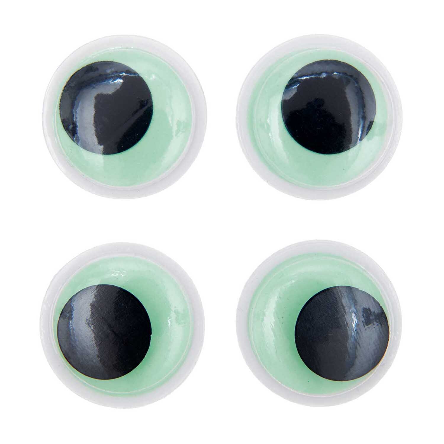 Wackelaugen nachtleuchtend 35mm, 4 Stück von Rico Design. Vier große, runde Augen mit schwarzer Pupille und leuchtend grünem Rand.