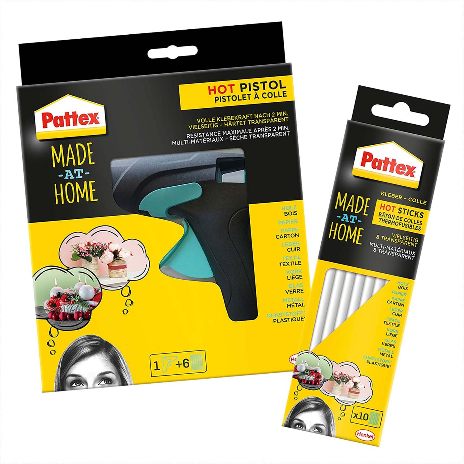 Made at Home Heißklebepistole mit Verpackung und 6 Sticks von Pattex, ideal für vielseitige Bastelprojekte.