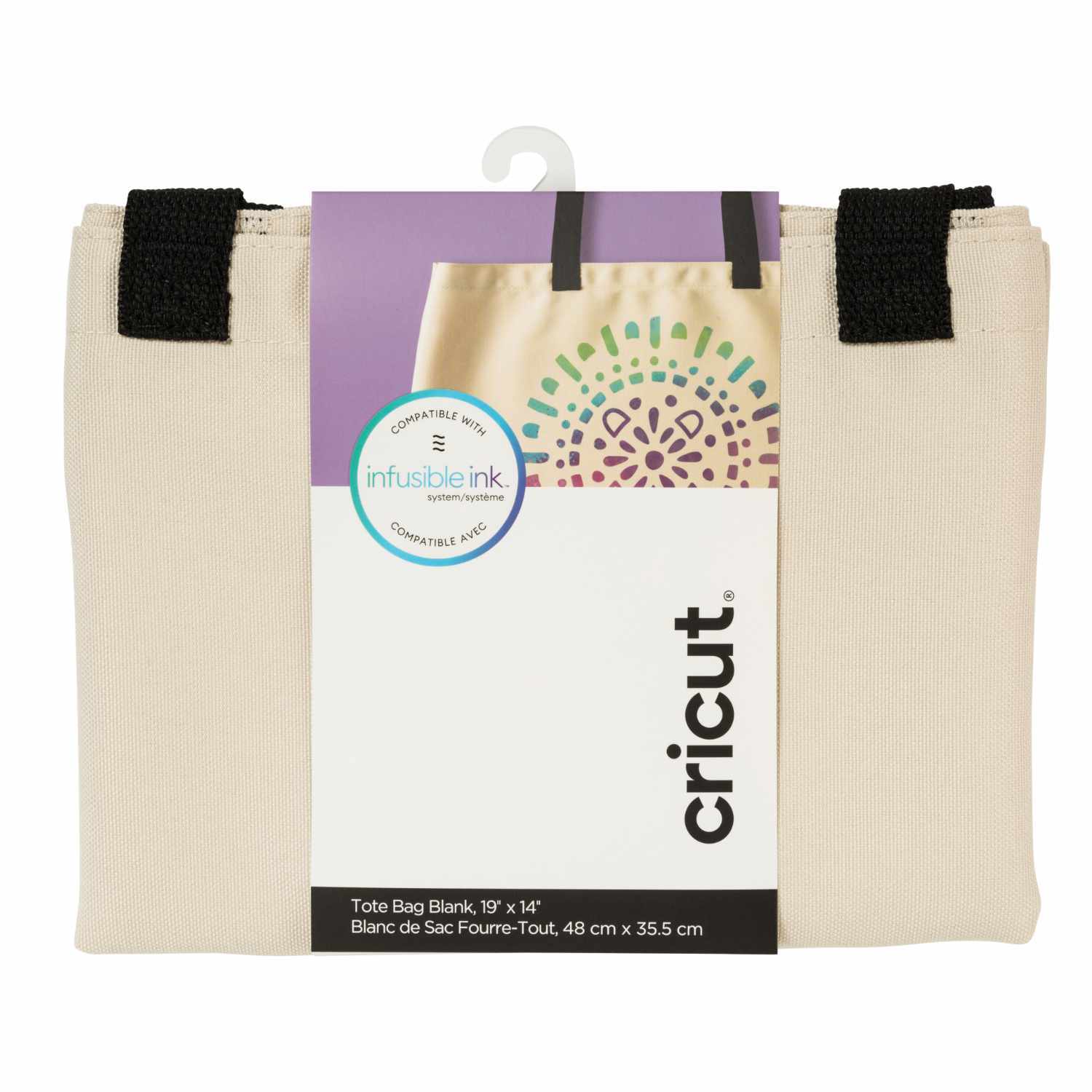 Einkaufstasche natur 48x35,5cm von Cricut mit schwarzem Griff und dekorativem Muster.