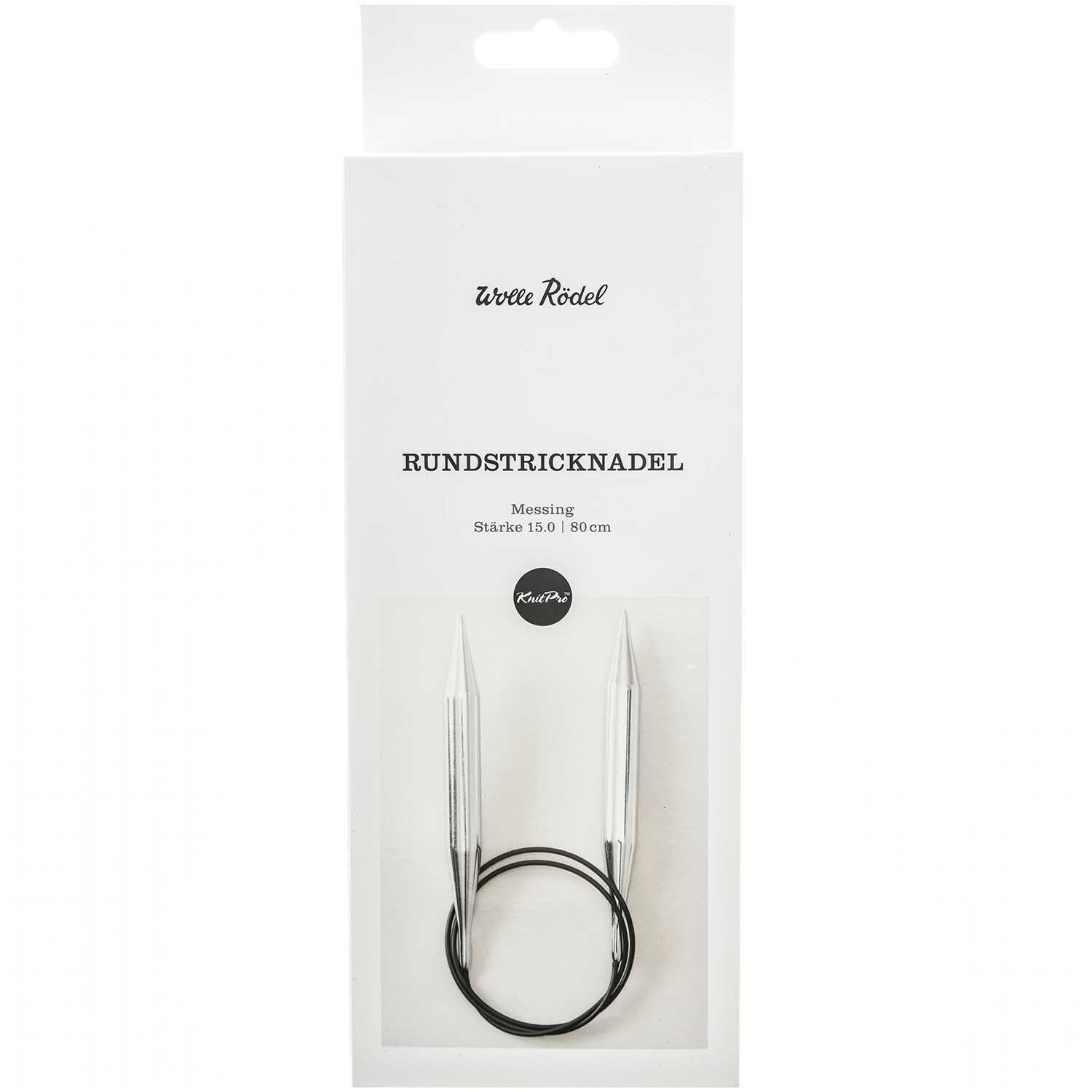 KnitPro Rundstricknadel 80cm Messing in Verpackung, silberne Nadeln mit schwarzem Kabel. Ideal für Strickprojekte.