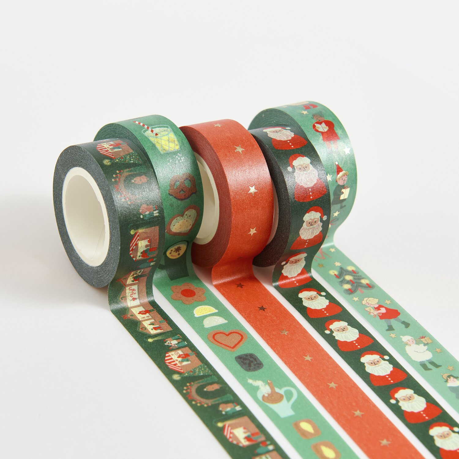 Paper Poetry Tape Set Weihnachtsmarkt Classic, 5-teilig, mit weihnachtlichen Motiven in Grün und Rot. Ideal für festliche Dekorationen.