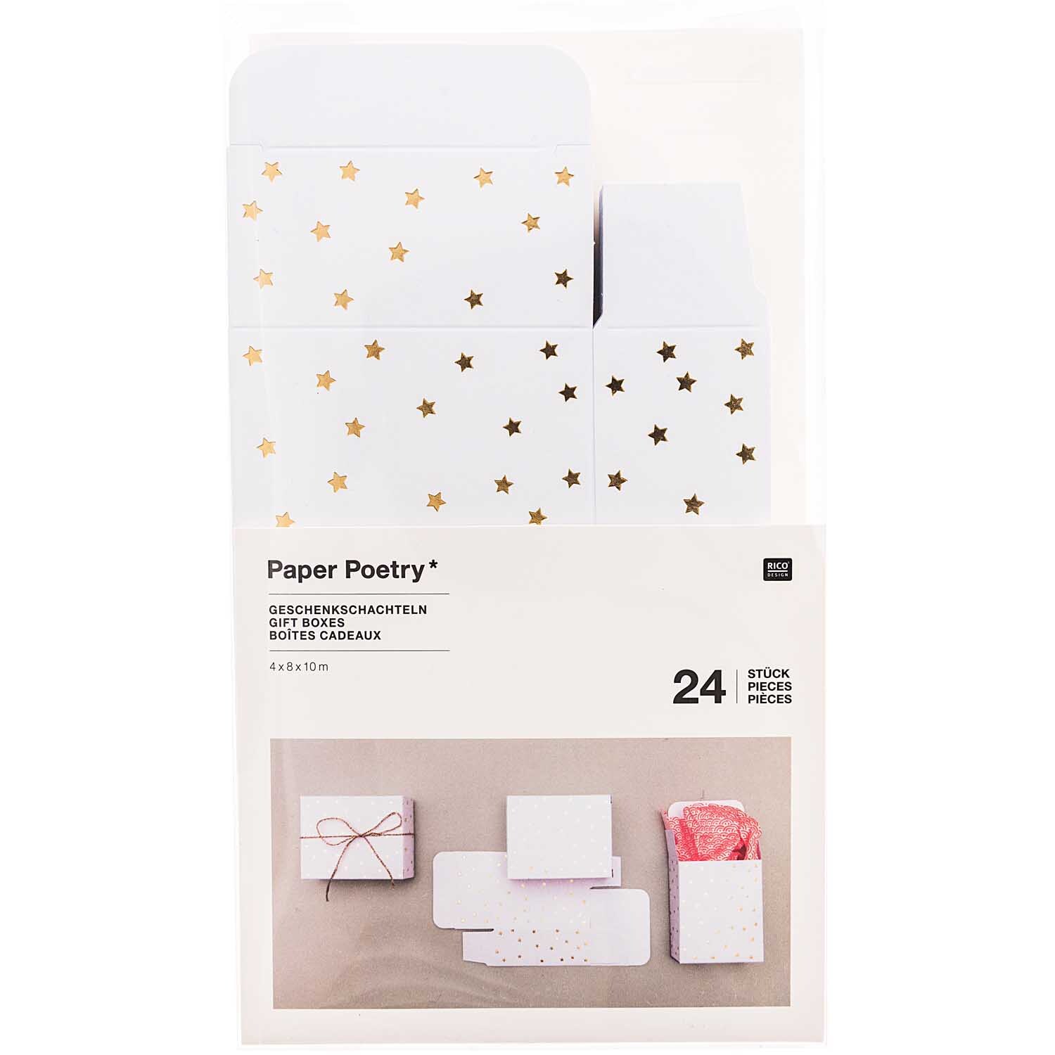 Paper Poetry Adventskalender Boxen Set: 24-teiliges Set in Weiß mit goldenen Sternen von Rico Design. Ideal für kreative Geschenkverpackungen.