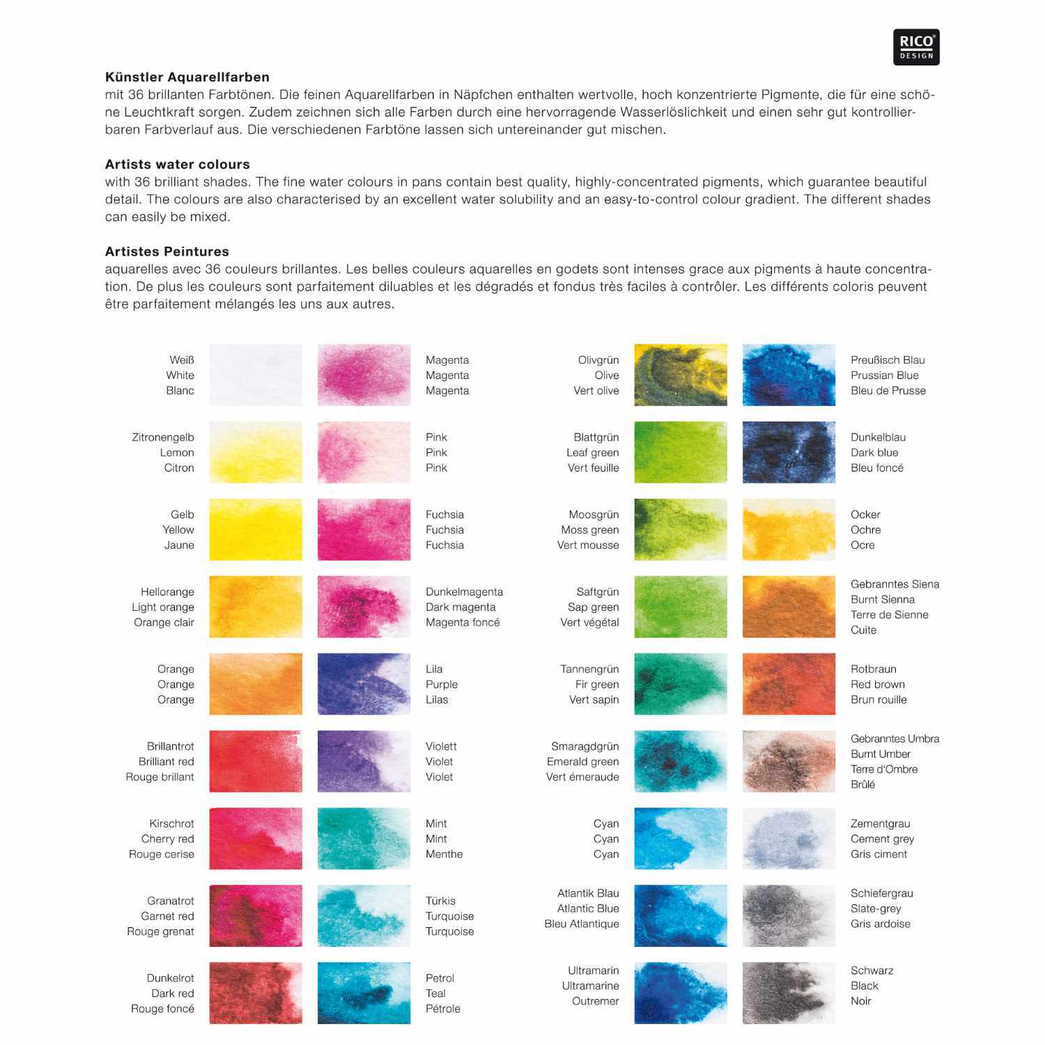 DIY Set Aquarell: Übersicht von 36 leuchtenden Aquarellfarben, ideal für Künstler, von Rico Design.