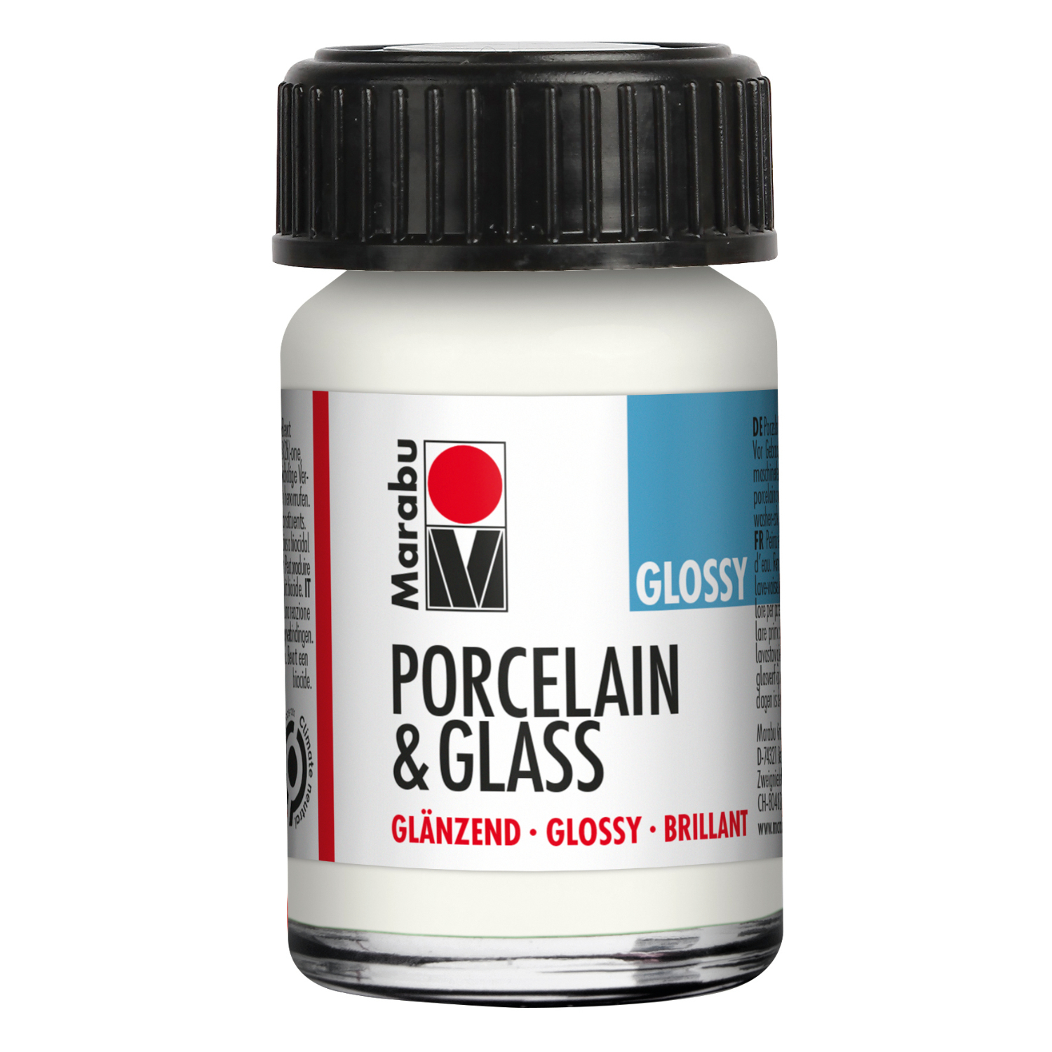 Porcelain & Glass glossy, 15ml, in Weiß von Marabu. Die Flasche hat einen schwarzen Deckel. Ideal für kreative Projekte.