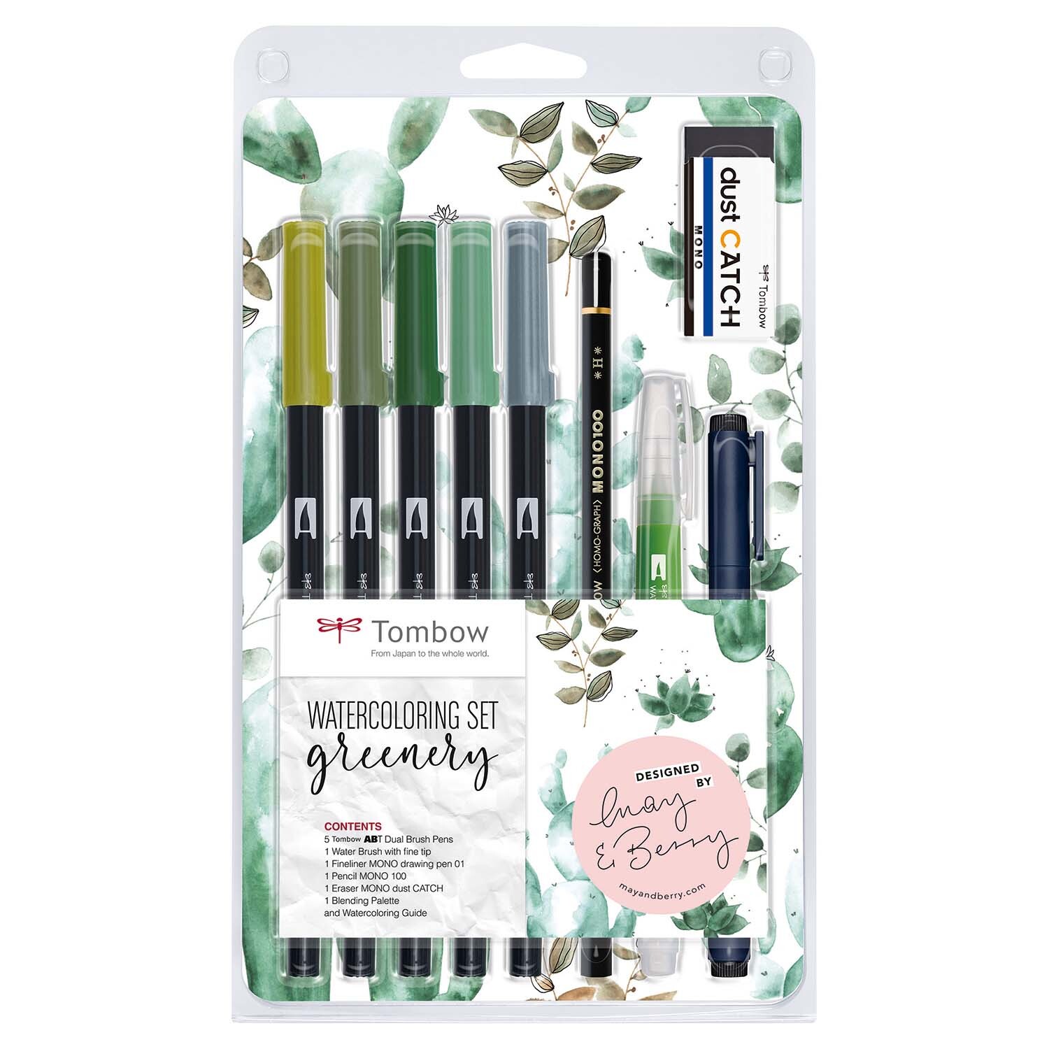 Tombow Watercoloring Set Greenery: Set mit grünen Stiften und Zubehör, ideal für kreative Projekte. Marke: May&Berry.