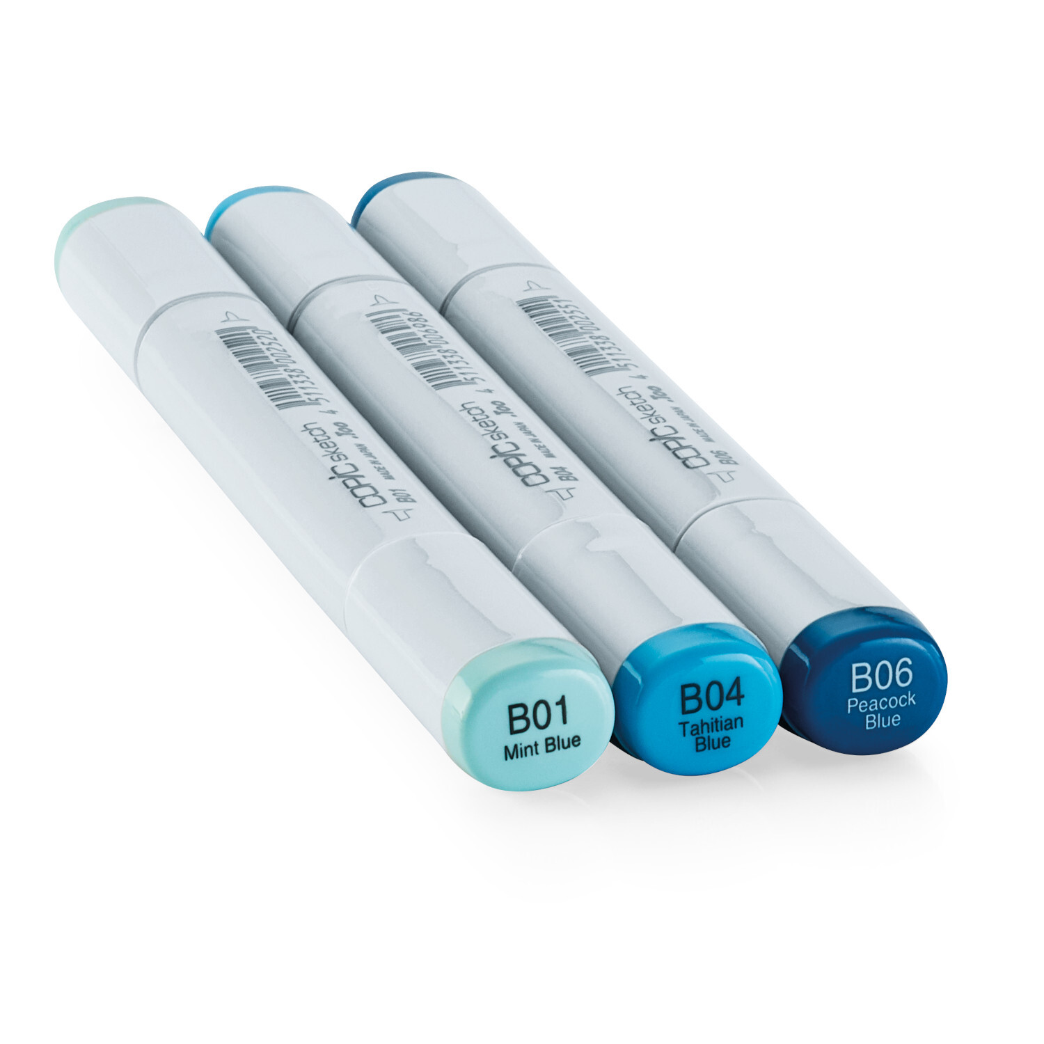 Sketch Set Color Fusion 6 3 Stück: Drei Copic Marker in Blau- und Grüntönen, nebeneinander liegend.