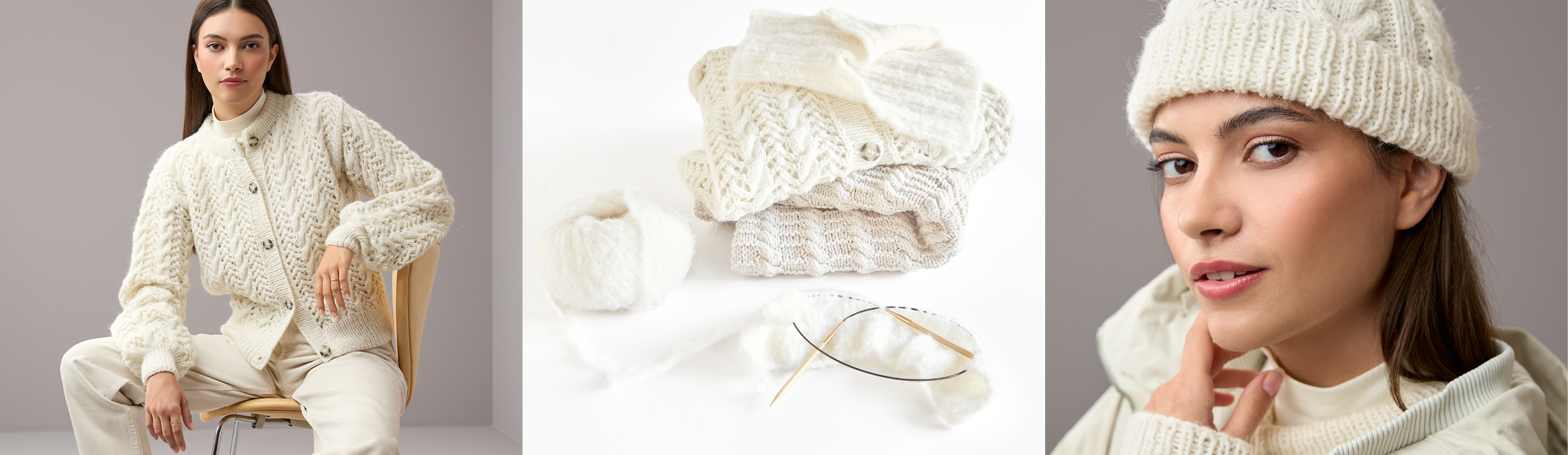 Drei Bilder nebeneinander. Eine Frau trägt eine weiße gestrickte Jacke, gestrickte Jacken und ein Strickstück mit Nadeln und eine Frau trägt eine weiße gestrickte Mütze.