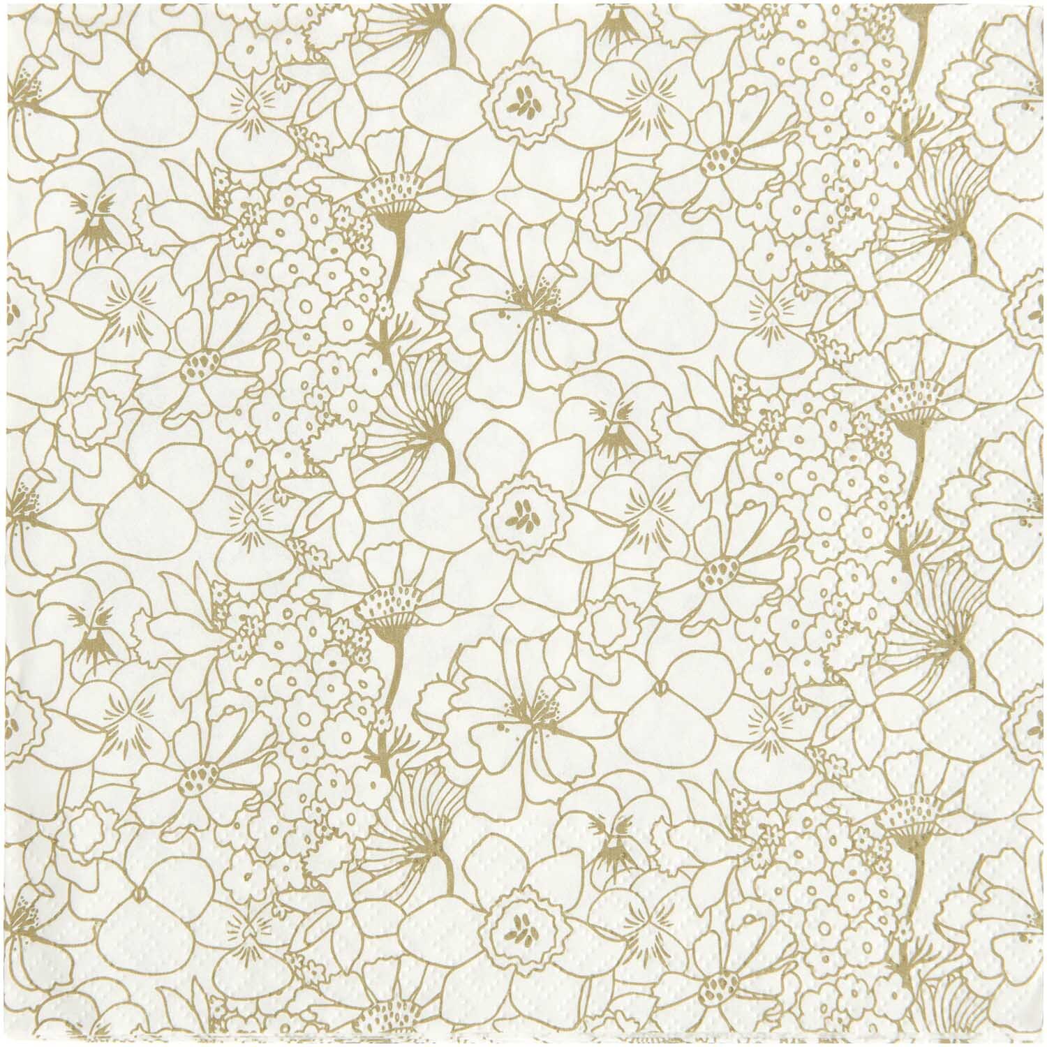 Servietten Blumen Gold mit floralem Muster in Gold auf weißem Hintergrund, 32x32cm, 20 Stück. Ideal für elegante Anlässe. Marke: Rico Design.