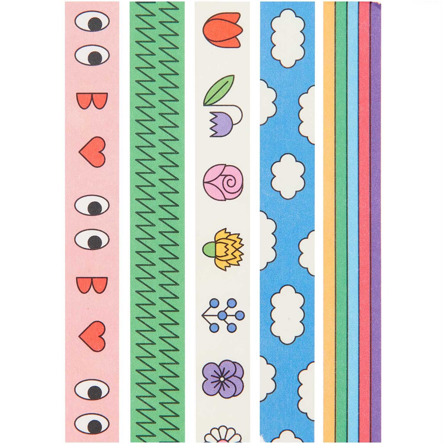 Rico Design x Redfries Tape Set Eye Candy, 5-teilig, mit bunten Mustern wie Augen, Herzen, Blumen und Wolken auf farbigem Hintergrund.
