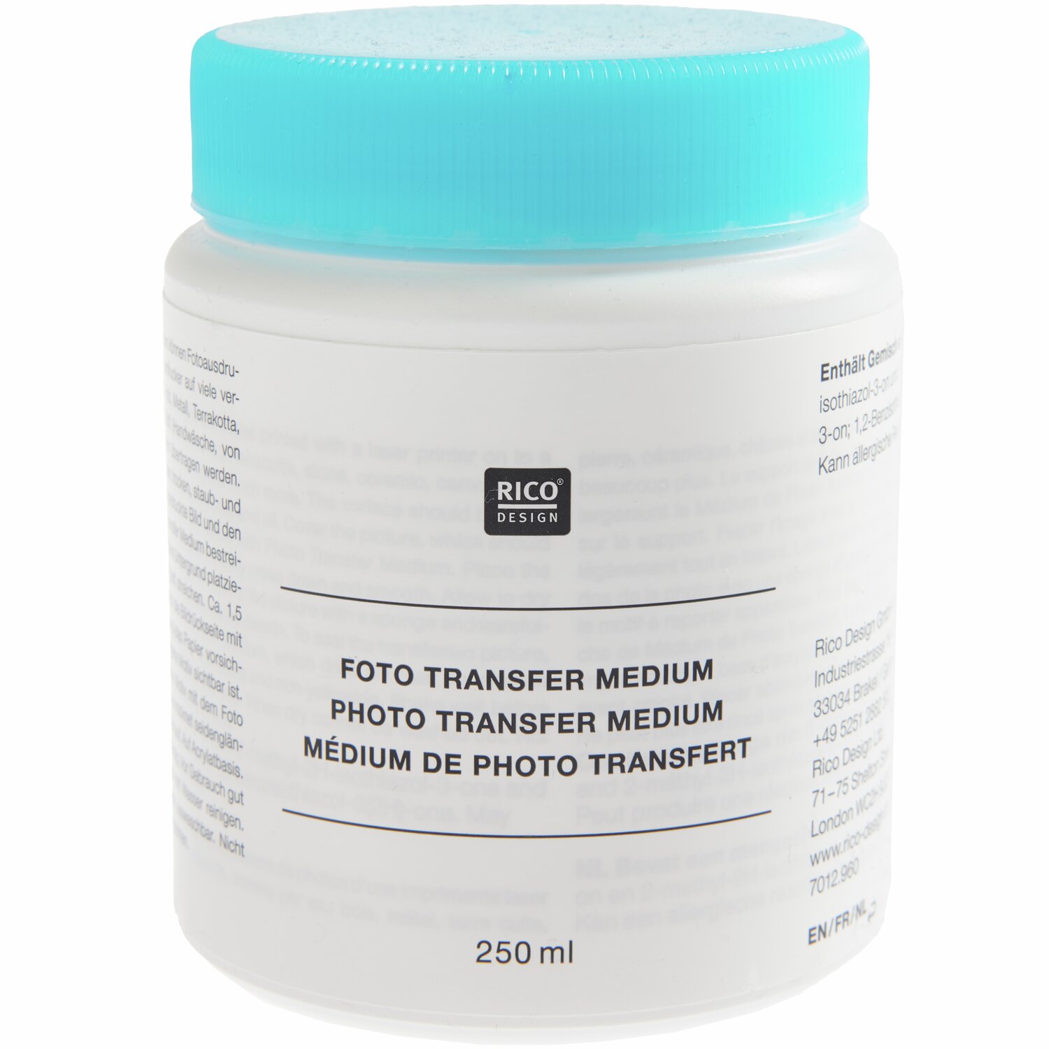 Photo Patch Transfer Medium 250ml von Rico Design mit blauem Deckel, transparentes Medium.