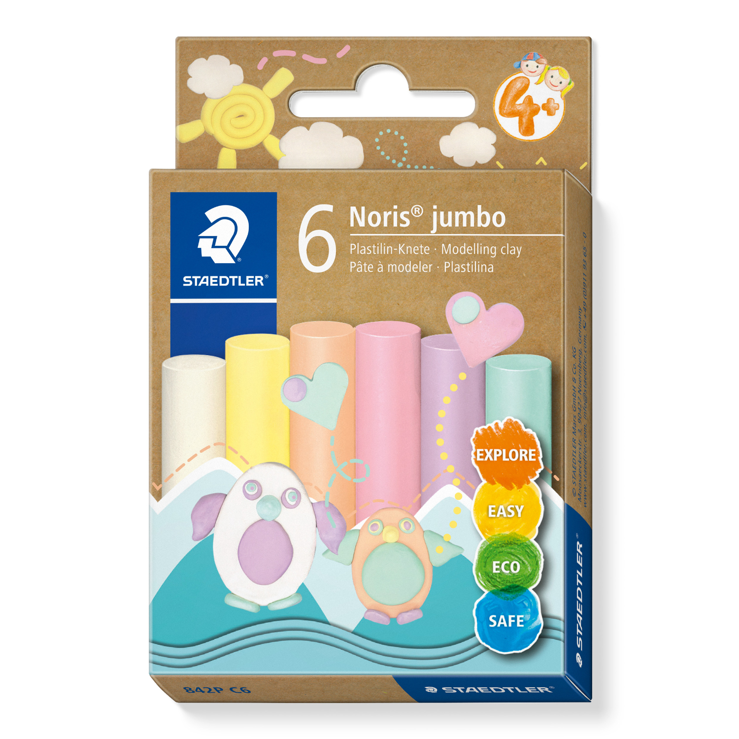 Plastilin-Knete Noris jumbo in 6 Pastellfarben von Staedtler, ideal für kreatives Modellieren. Verpackung zeigt bunte Knetstangen und fröhliche Figuren.