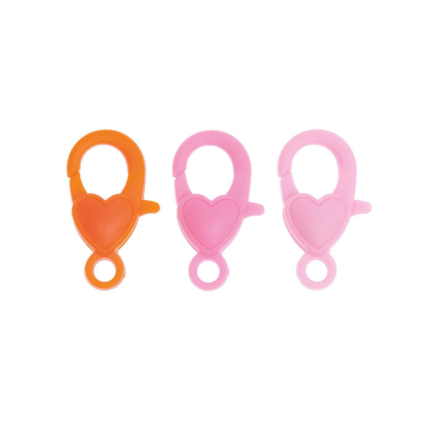 itoshii Karabiner Pink Mix: Drei herzförmige Karabiner in Orange und Rosa, ideal für kreative Projekte. Größe 12x22x7mm, 9 Stück.