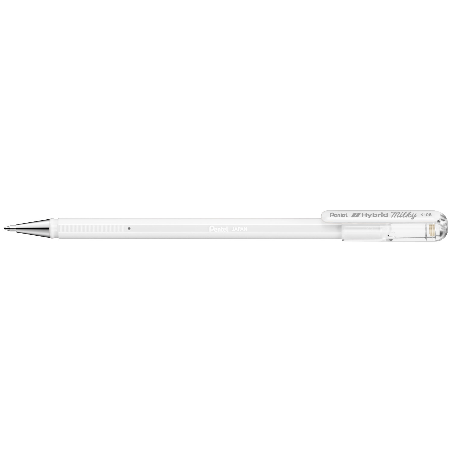 Gelstift Hybrid von Pentel, weiß, mit feiner 0,4mm Spitze, ideal für präzises Schreiben.