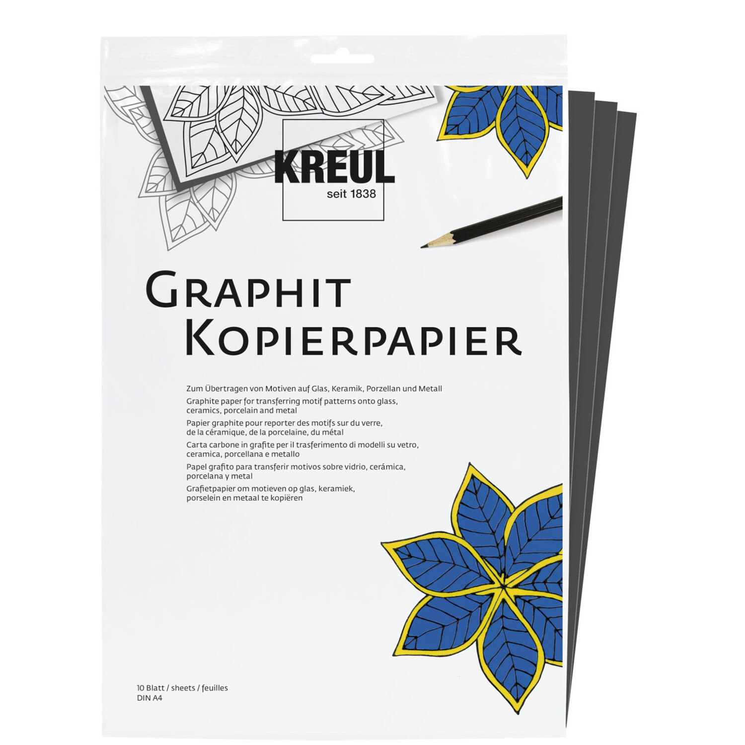 Graphit-Kopierpapier A4 10Blatt von KREUL, ideal zum Übertragen von Zeichnungen, in elegantem Schwarz.