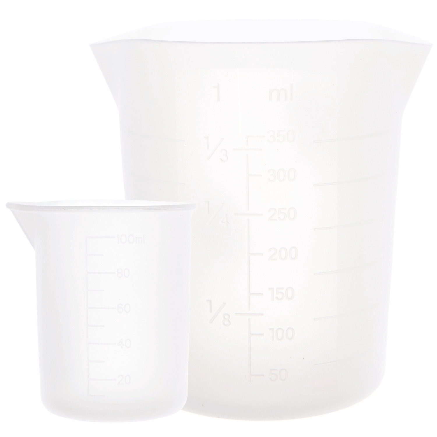 Messbecher-Set aus Silikon 100 ml & 350 ml, transparent, ideal zum genauen Abmessen von Flüssigkeiten in der Küche.