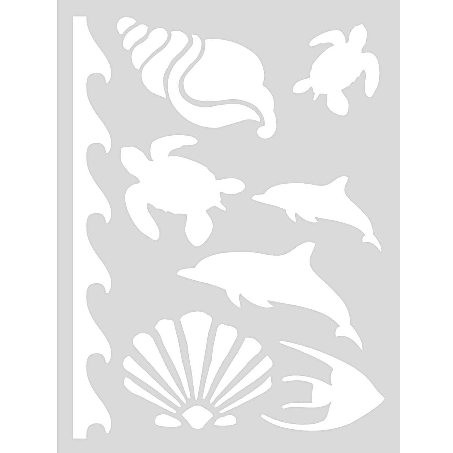 Schablone Meer 18,5x24,5cm selbstklebend zeigt Meeresmotive wie Schildkröten, Delfine und Muscheln. Ideal für kreative Projekte.