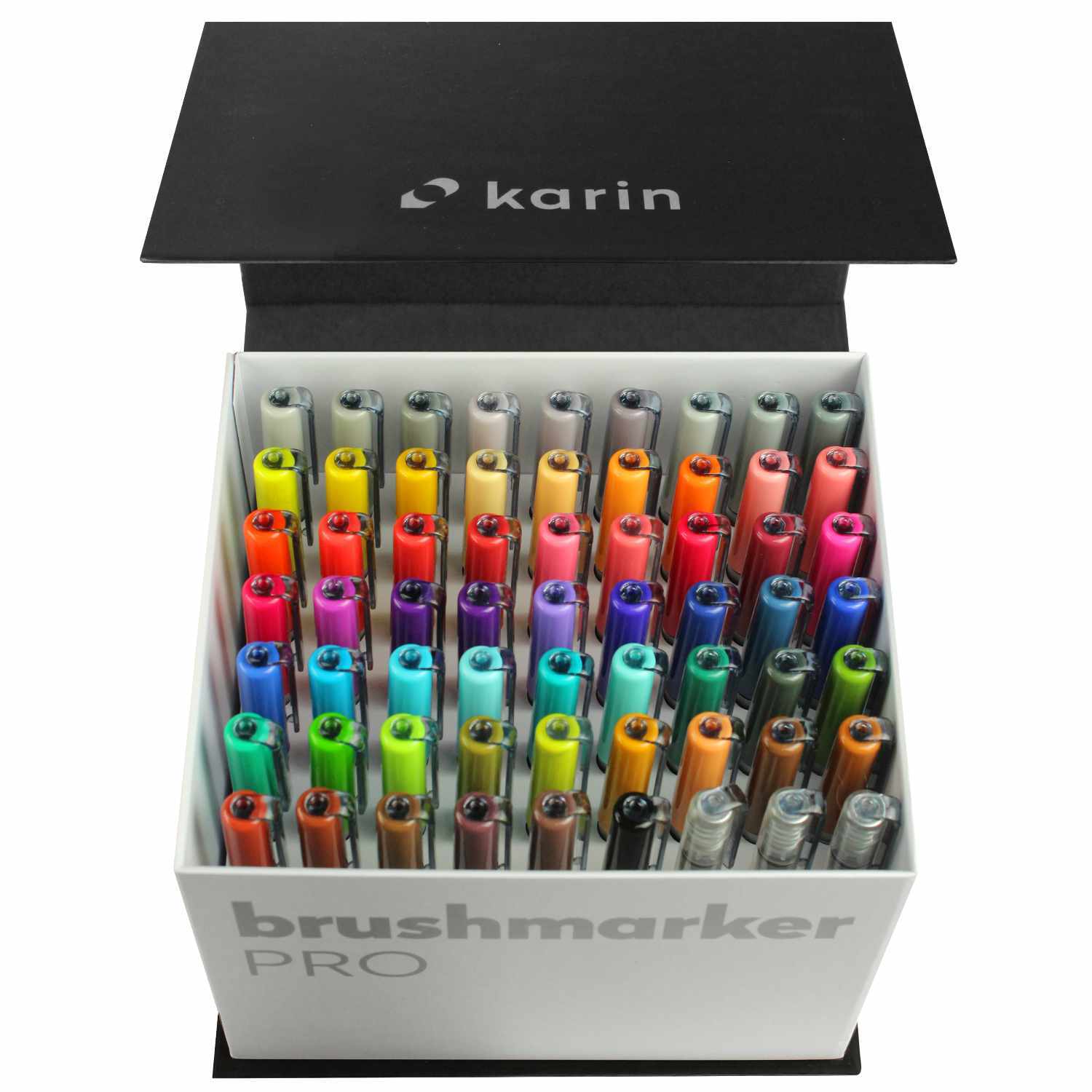 Brushmarker PRO Mega Box mit 60 Farben und 3 Blendern von Karin. Offene Box zeigt bunte Marker.