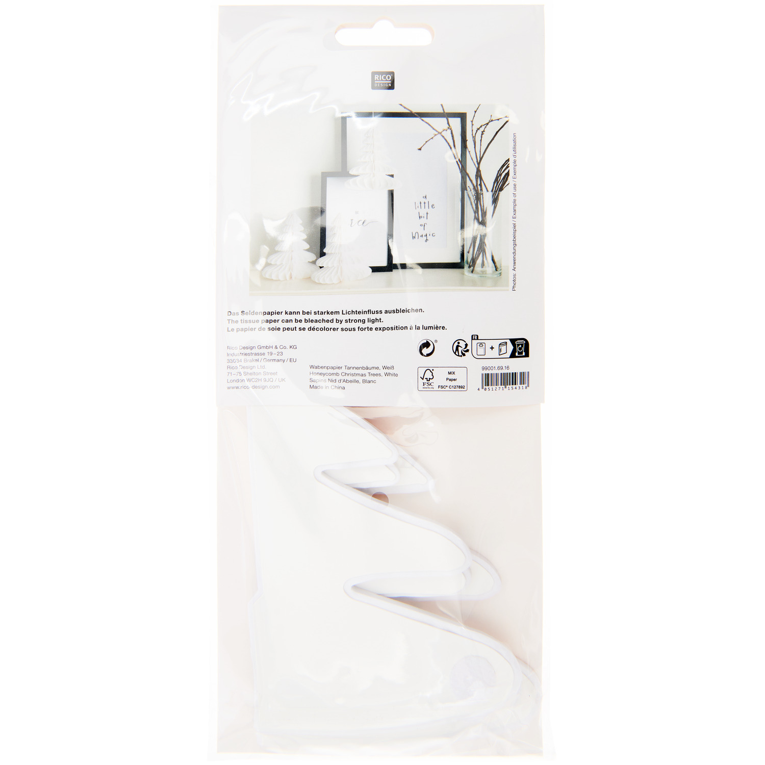 Wabenpapier Tannenbäume 20cm 3 Stück, weiß, von Rico Design, verpackt in transparenter Hülle. Ideal für festliche Dekorationen.