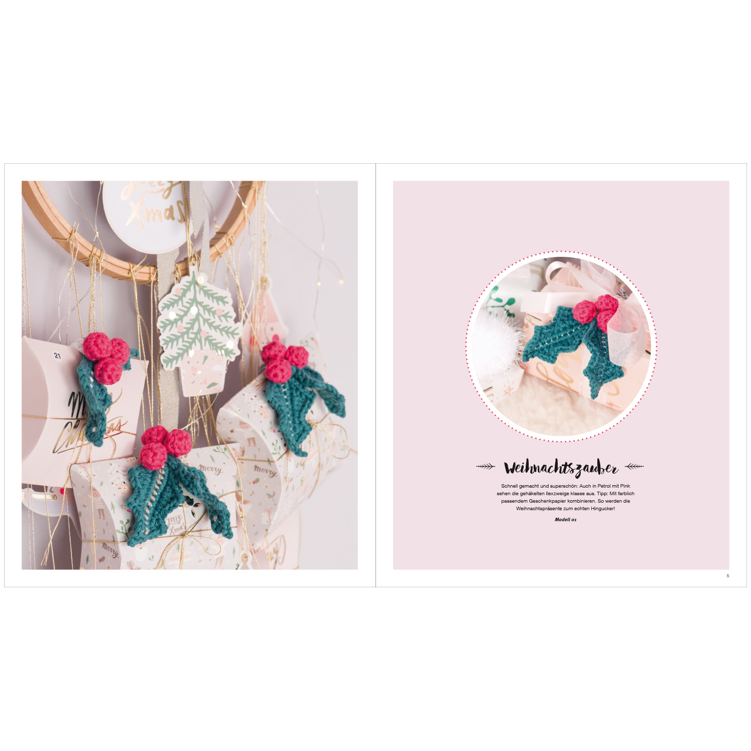 Häkelbuch Jolly X-Mas Decoration: Festliche Dekorationen mit gehäkelten Mistelzweigen und Geschenken. Ideal für kreative Weihnachtsprojekte.