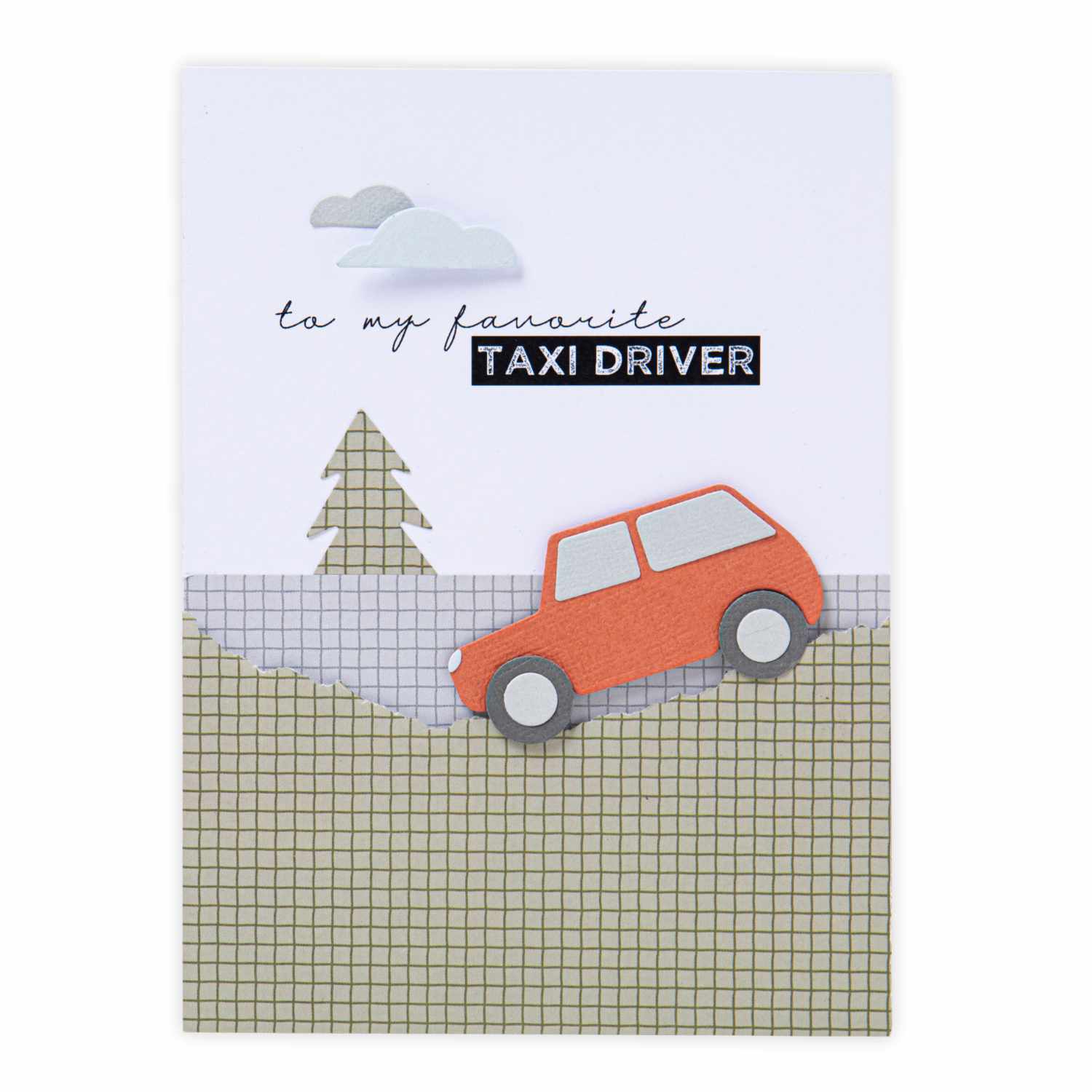 Thinlits Die Transport Collection zeigt ein rotes Auto auf einem Hügel mit Baum und Wolken.