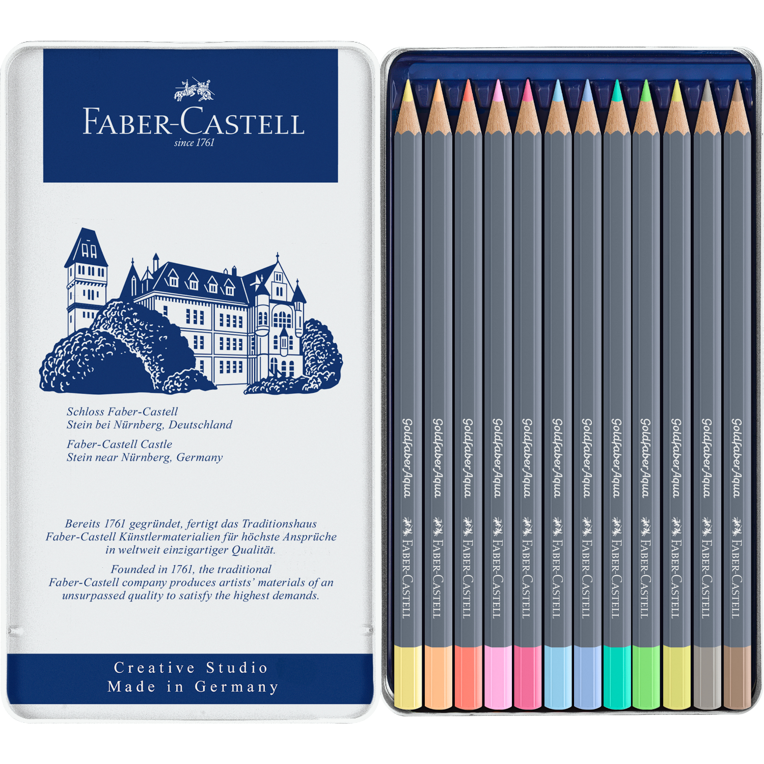 Goldfaber Aqua Aquarellstifte Pastell im Metalletui, 12-teilig, von Faber Castell, mit verschiedenen Farbtönen.