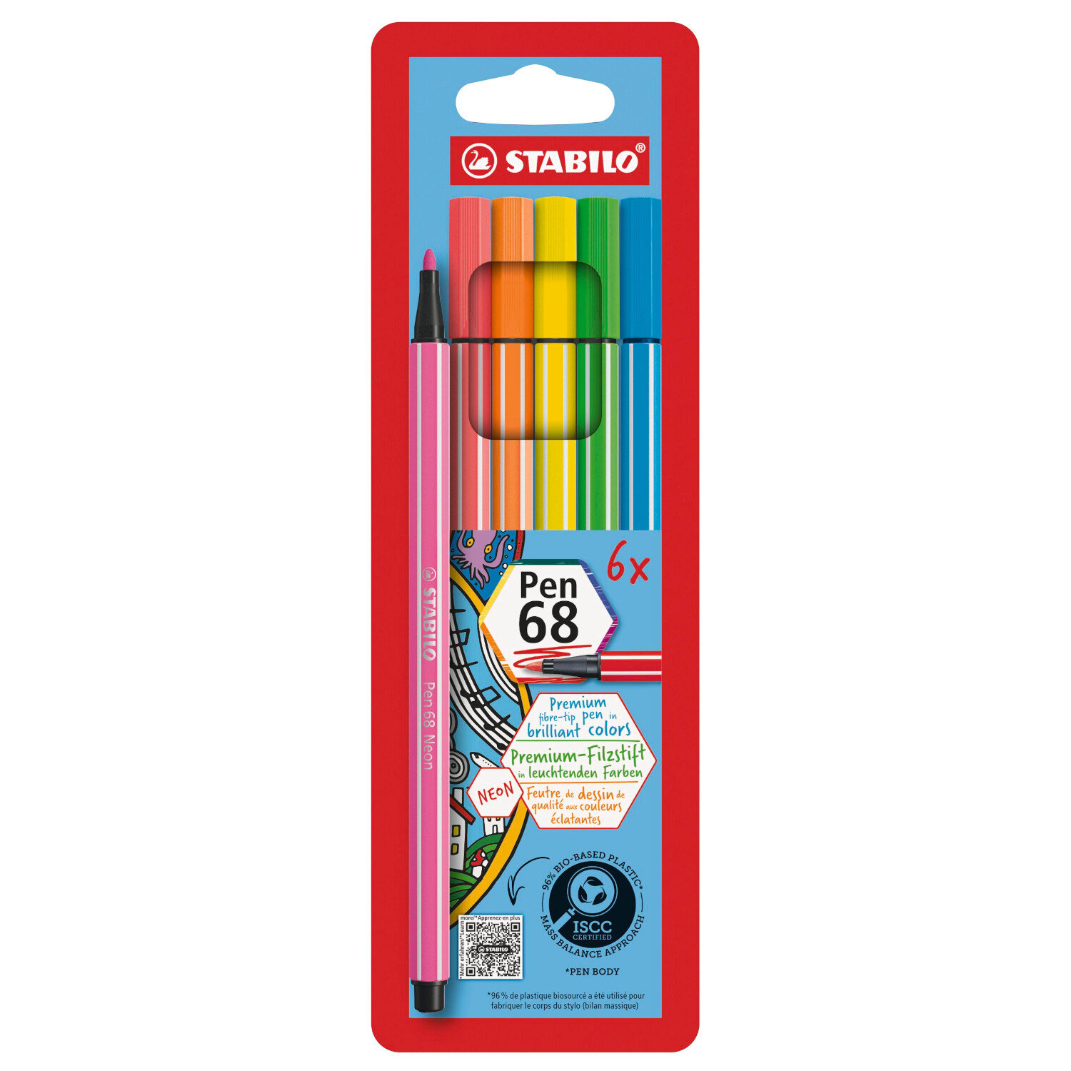 Pen 68 Neonfarben im Etui 6 Farben, STABILO, Mehrfarbig. Sechs leuchtende Filzstifte in einer roten Verpackung. Ideal für kreative Projekte.