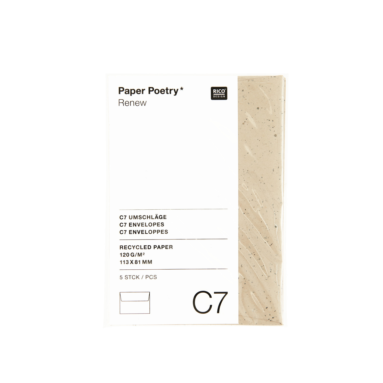 Paper Poetry Renew Umschläge C7 in Cappuccino, 5 Stück, aus recyceltem Papier von Rico Design.