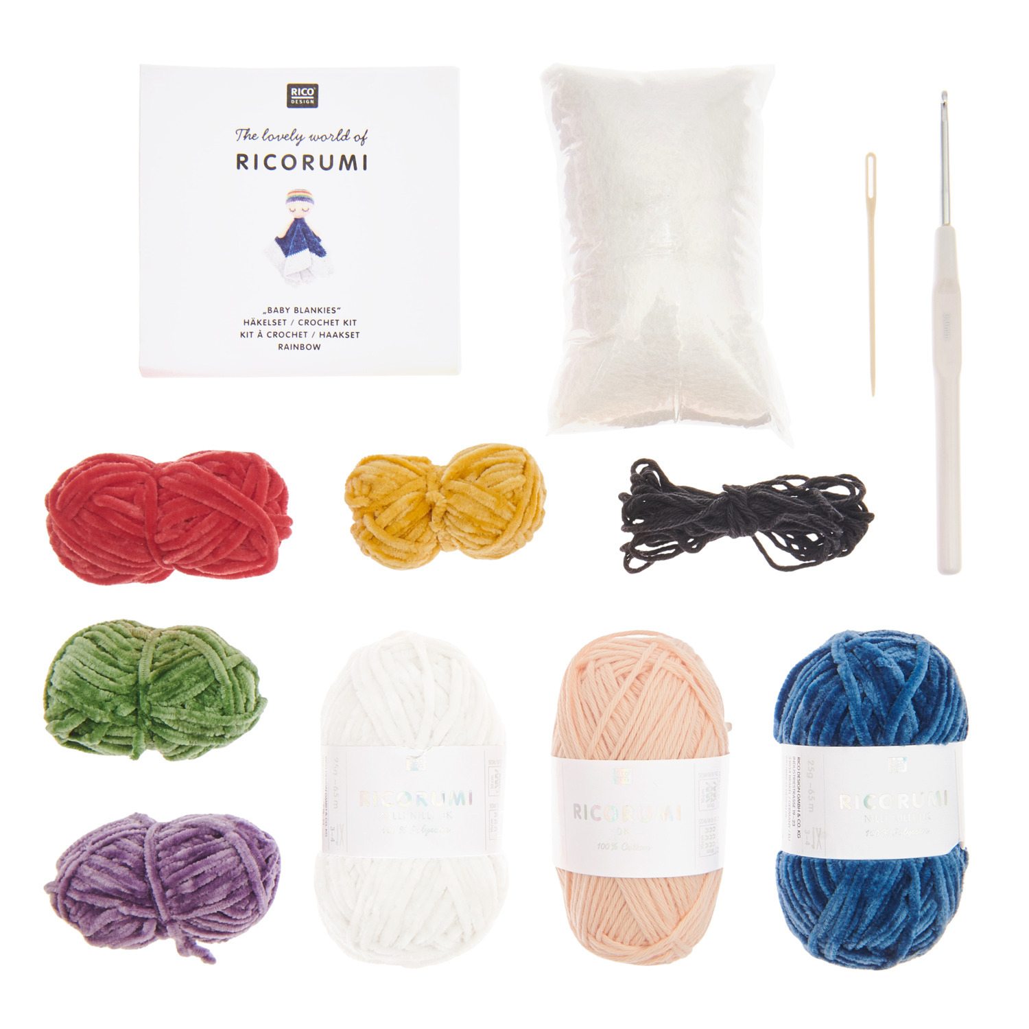 Häkelset Ricorumi Baby Blankies Rainbow mit bunten Garnen, Häkelnadel und Zubehör von Rico Design. Ideal für kreative Häkelprojekte.