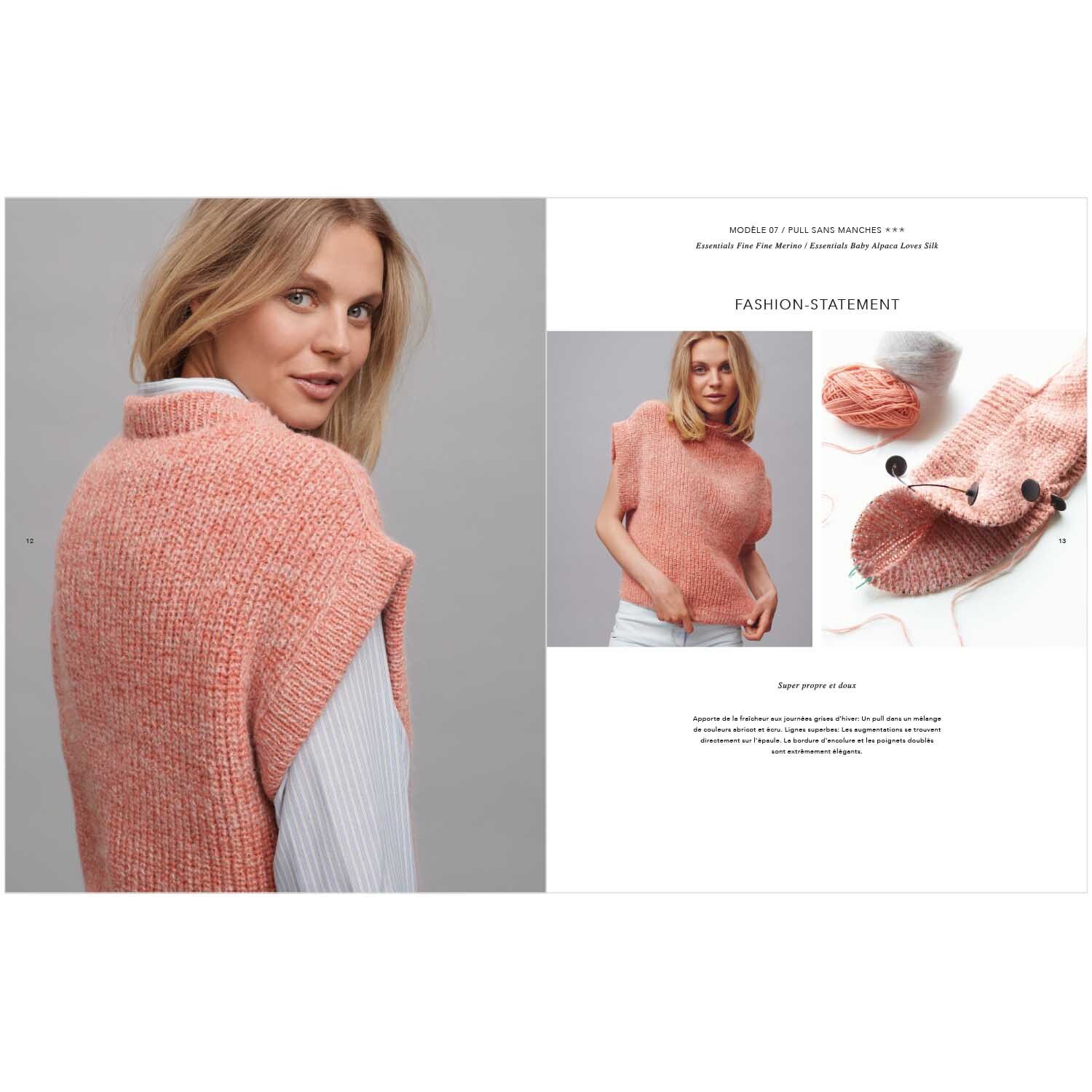 Top Down Knitting Special 2 französisch: Frau trägt gestrickten Pullover in Rosa von Rico Design, daneben Strickmaterialien.