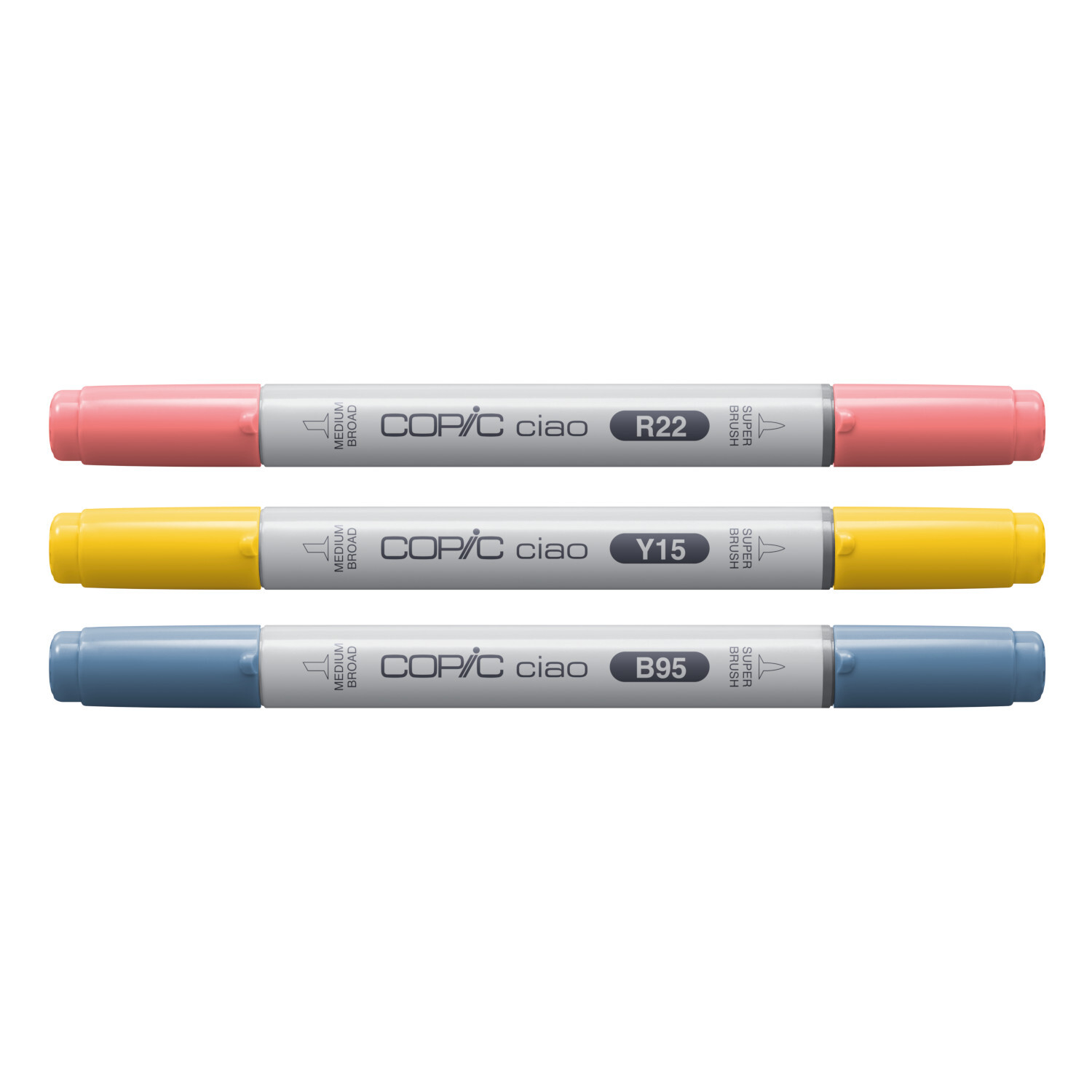 Marker Set Ciao Layer & Mix Brilliant Palette 3 Stück zeigt Copic Marker in Rosa, Gelb und Blau. Ideal für kreative Projekte.