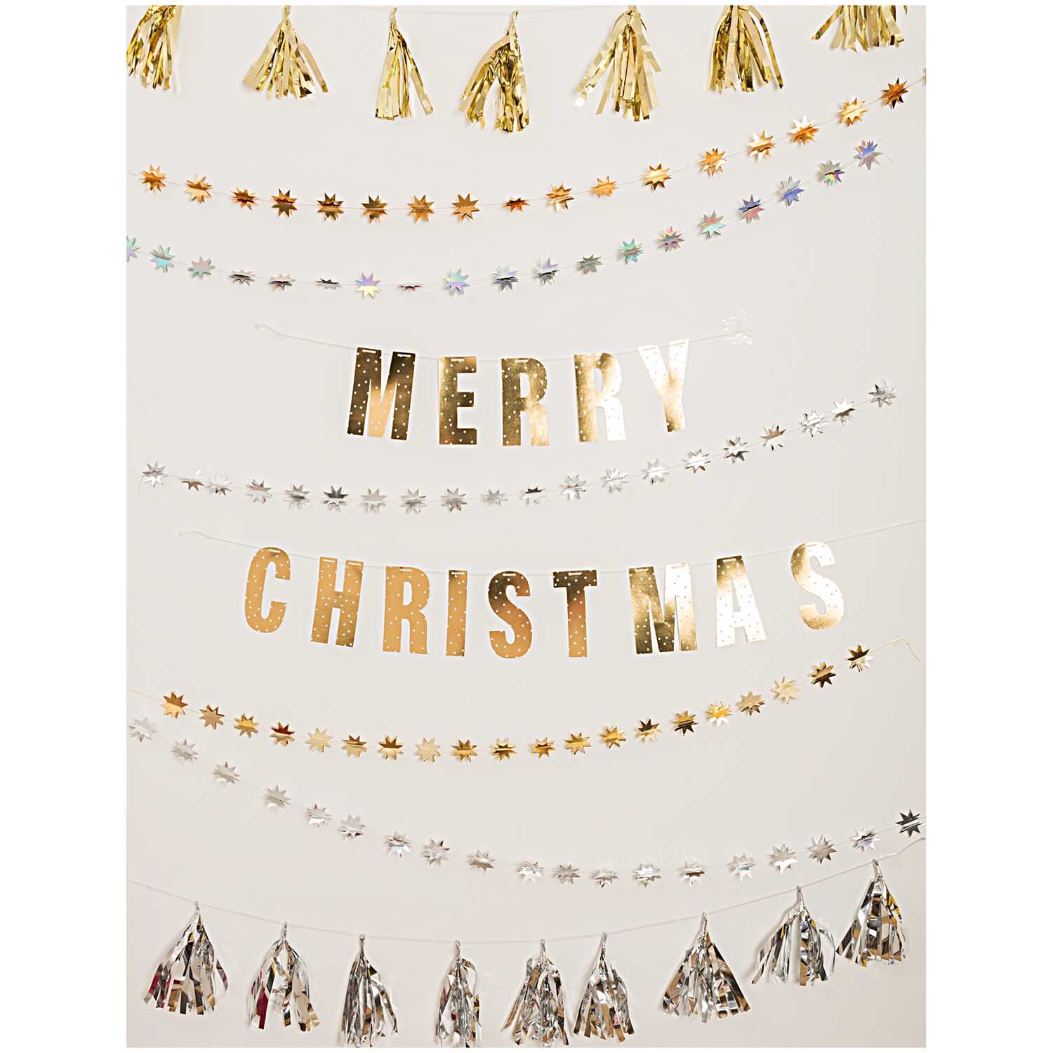 Paper Poetry Girlande Sterne 1,3m Hot Foil: Festliche Girlande mit silbernen Sternen und goldenen Buchstaben "Merry Christmas". Ideal für Weihnachtsdekoration.