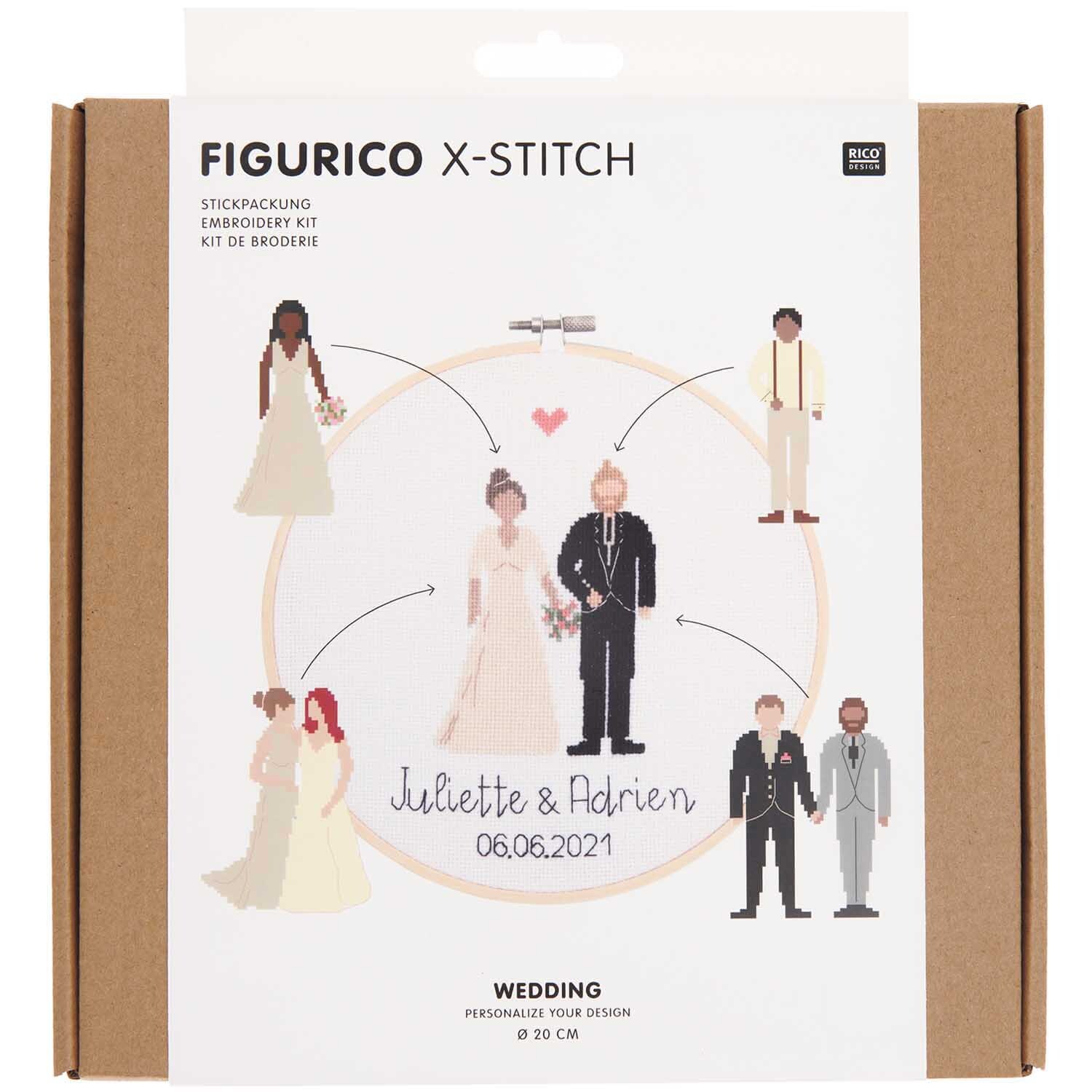 Figurico Stickpackung Wedding Ø 20cm zeigt ein Hochzeitspaar im Kreuzstich-Design.