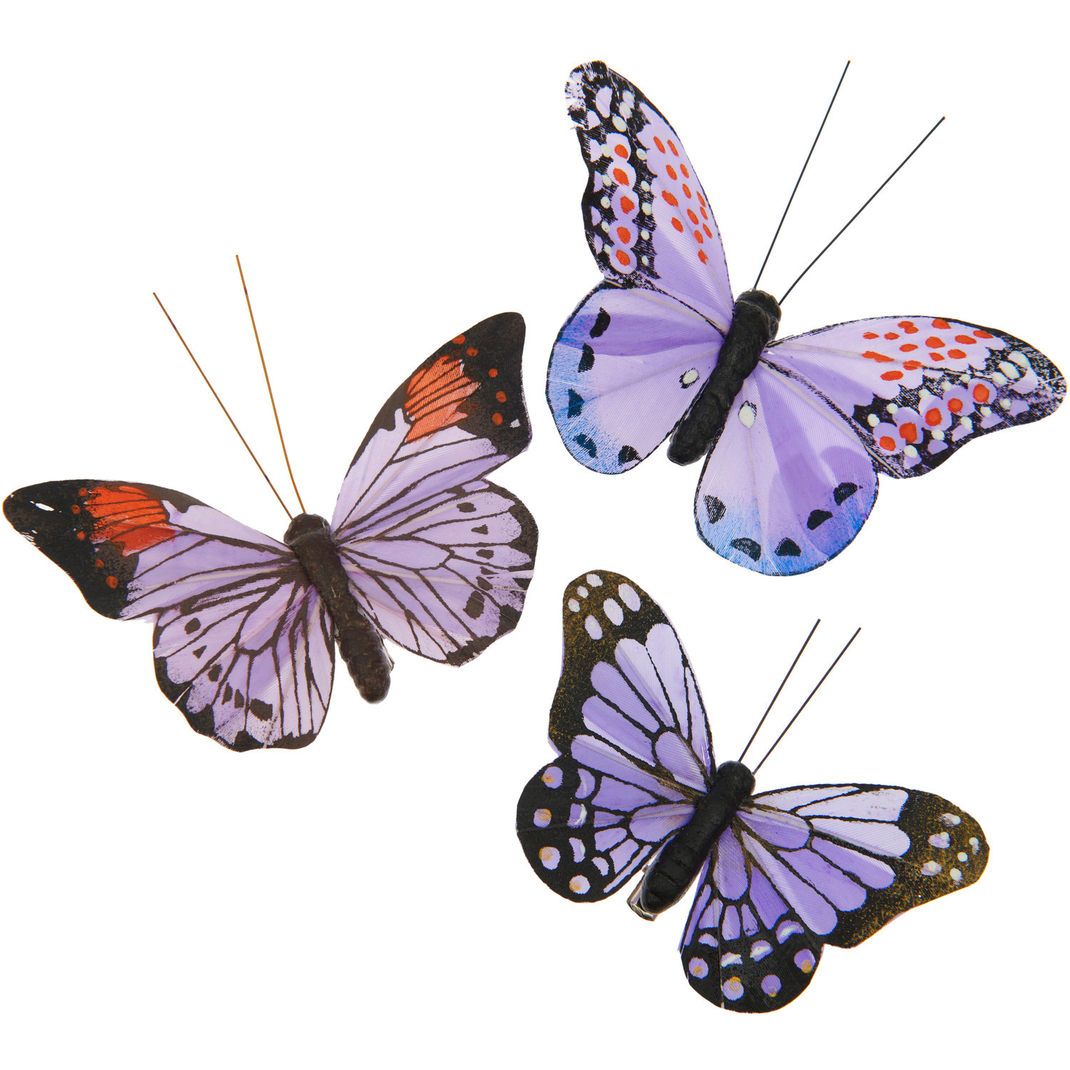 Schmetterling mit Clip Violett: Drei dekorative Schmetterlinge in verschiedenen Designs, ideal für kreative Projekte. Größe: 8,5-10,5 cm.