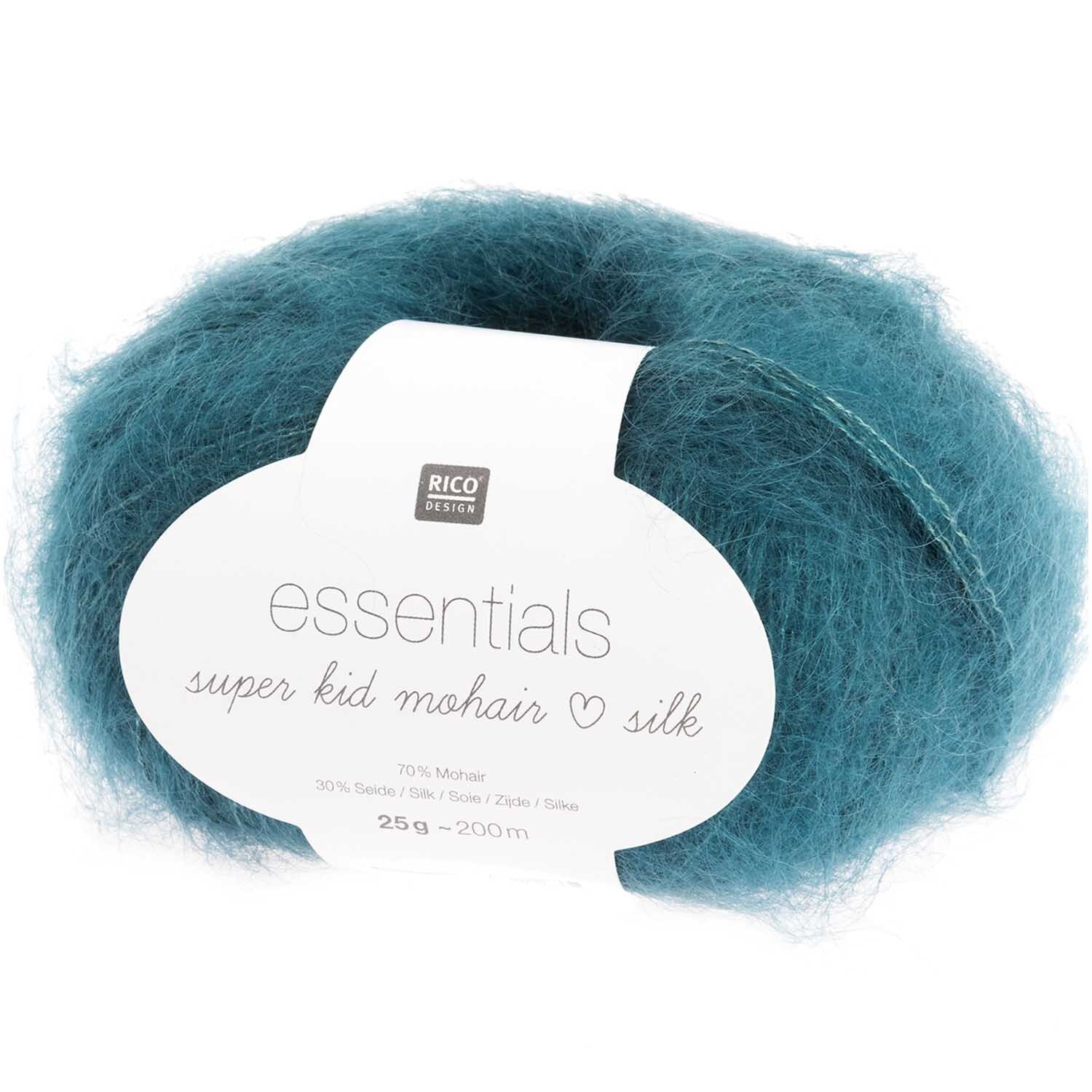 Essentials Super Kid Mohair Loves Silk Strickset mit weichem, petrolfarbenem Garn von Rico Design, ideal für Schals.