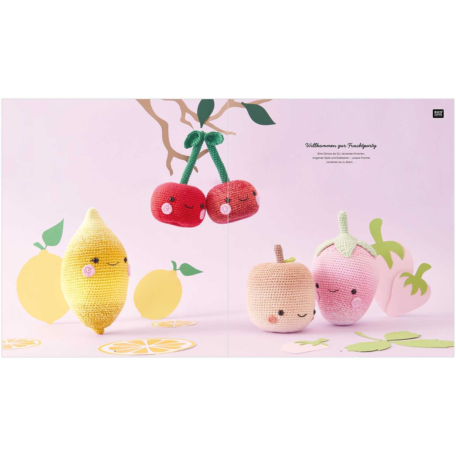 Ricorumi Fresh Friends deutsch: Gehäkelte Früchte mit Gesicht, darunter Kirschen, Zitrone und Erdbeere.