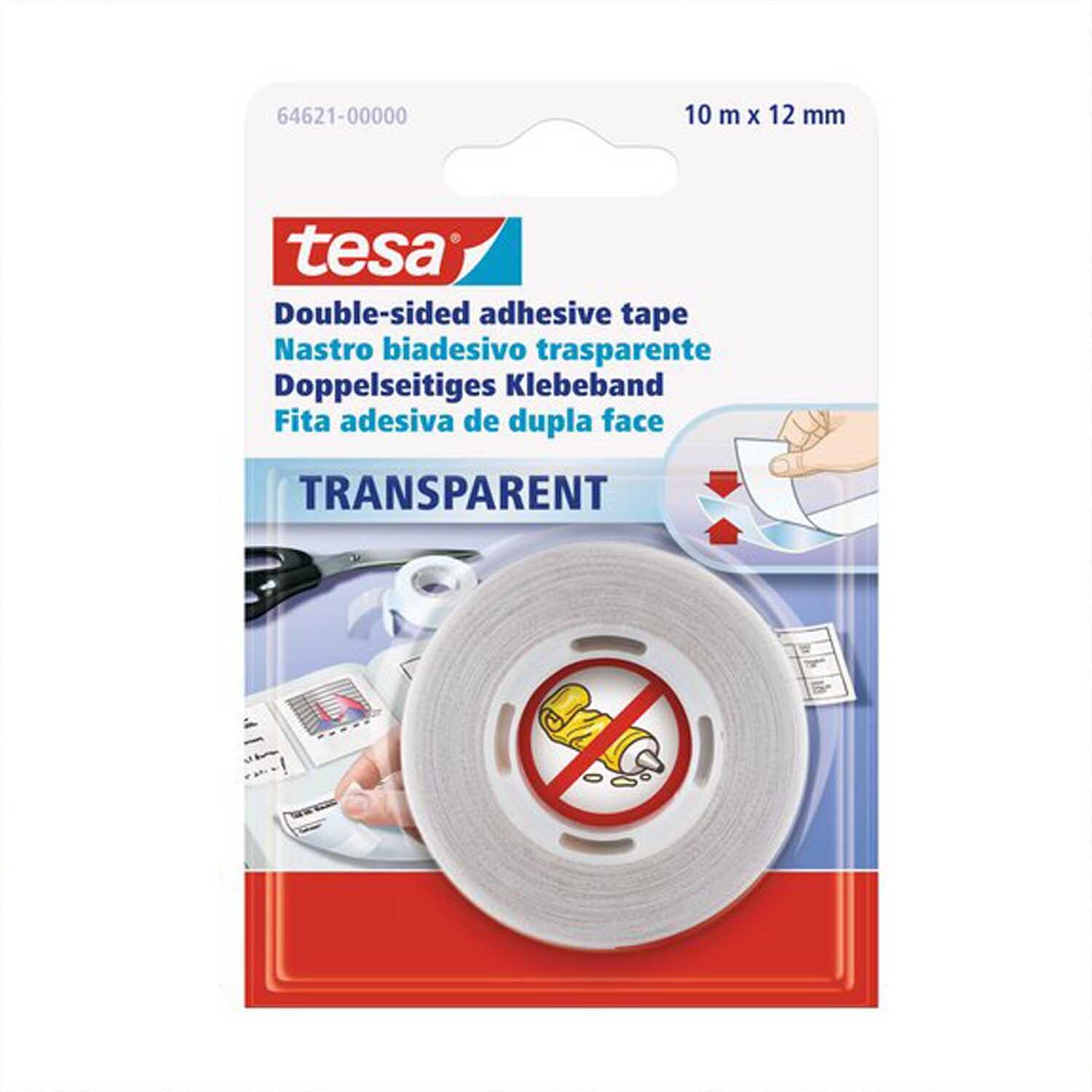 tesa film® Doppelseitiges Klebeband transparent 12mm 10m, ideal für Büroarbeiten, auf Blisterkarte.
