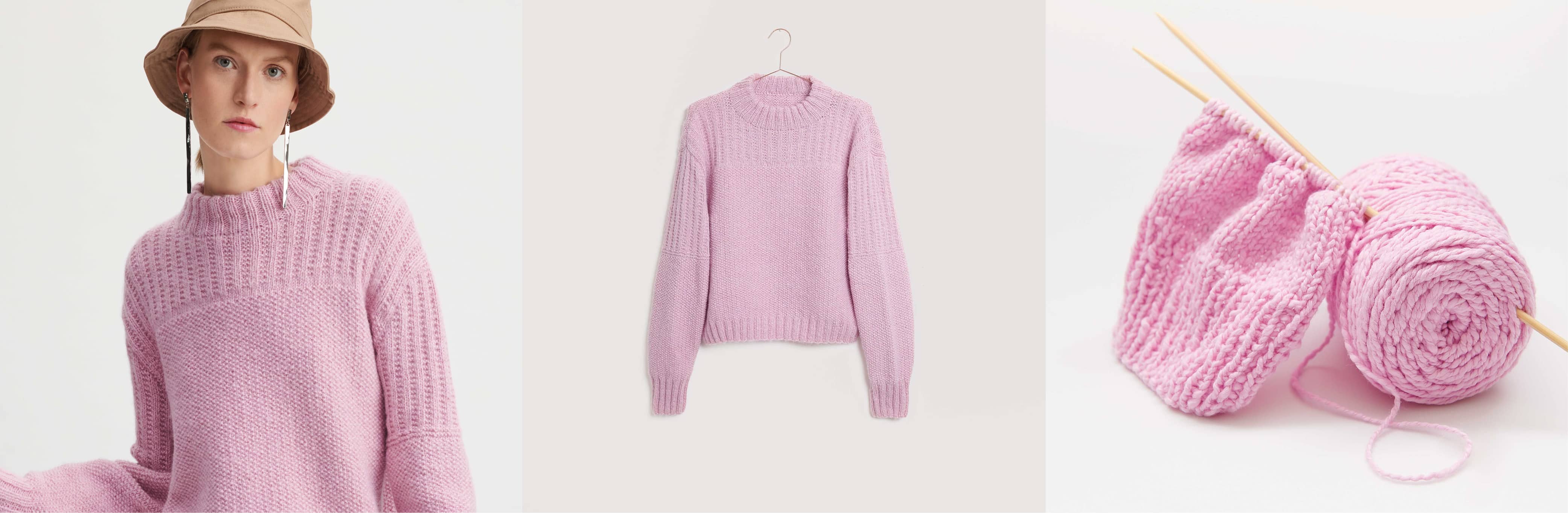 Gestrickter Pullover in Rosa Modell 35 aus Made by Me No. 18 getragen am Model und auf einem Kleiderbügel. Daneben Wollknäuel in Rosa und ein Strickstück auf Stricknadeln