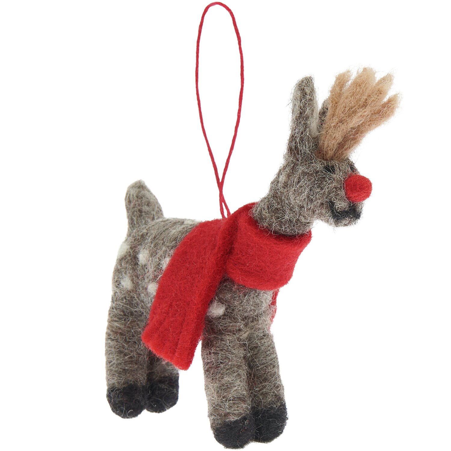 Aufhänger Filz-Hirsch mit Schal: Brauner Filzhirsch mit rotem Schal, 12x8x2,5cm, ideal als Weihnachtsdekoration.