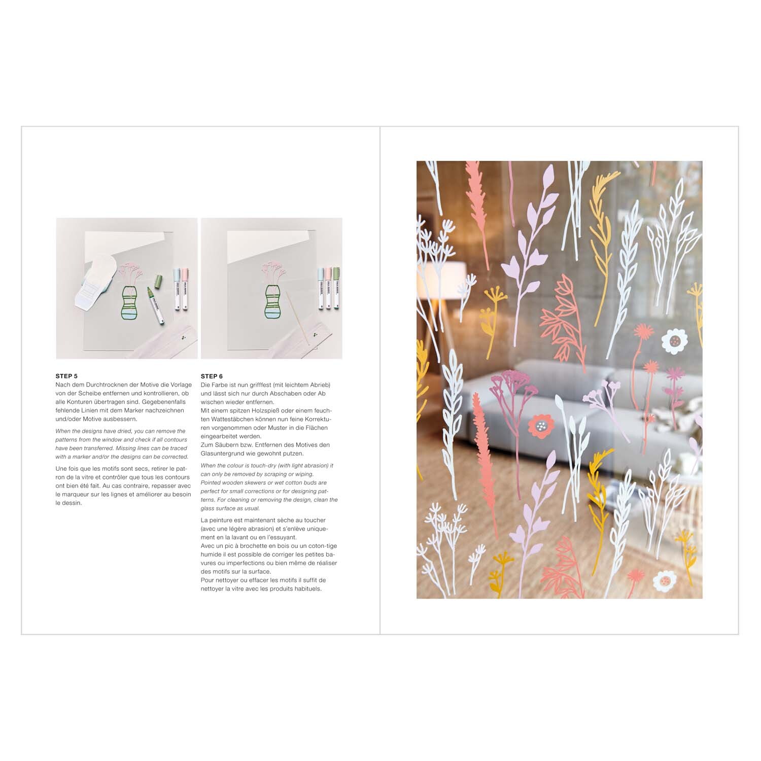 Vorlagenmappe Transformation Fenster- und Glasmalerei zeigt florale Muster mit Kreidestiften auf Glas. Ideal für kreative Dekorationen.