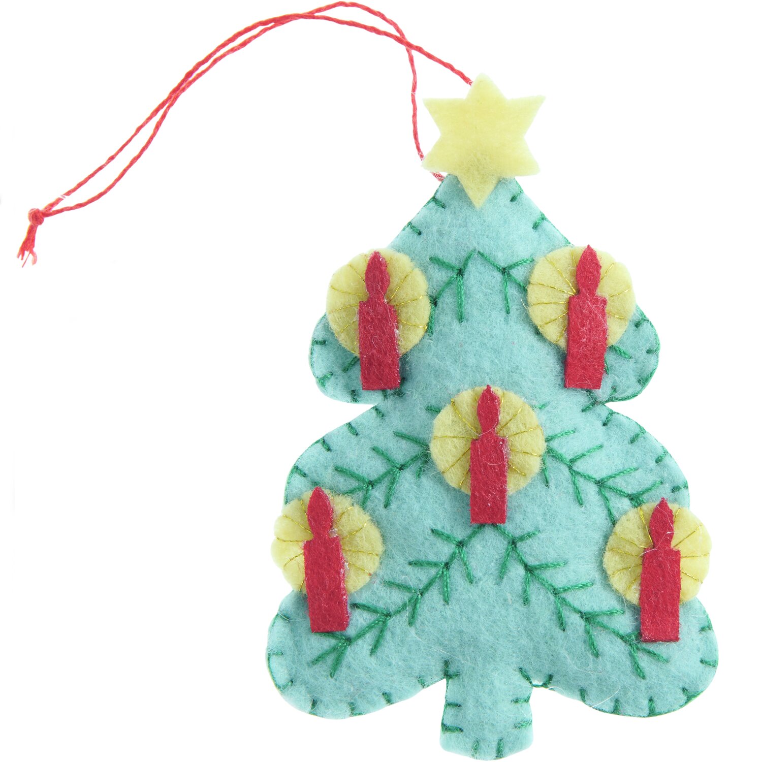 Aufhänger Filz-Tanne mit Kerzen Mint: Filz-Tannenbaum mit roten Kerzen und gelbem Stern, 7,5x5,1x1,6cm.